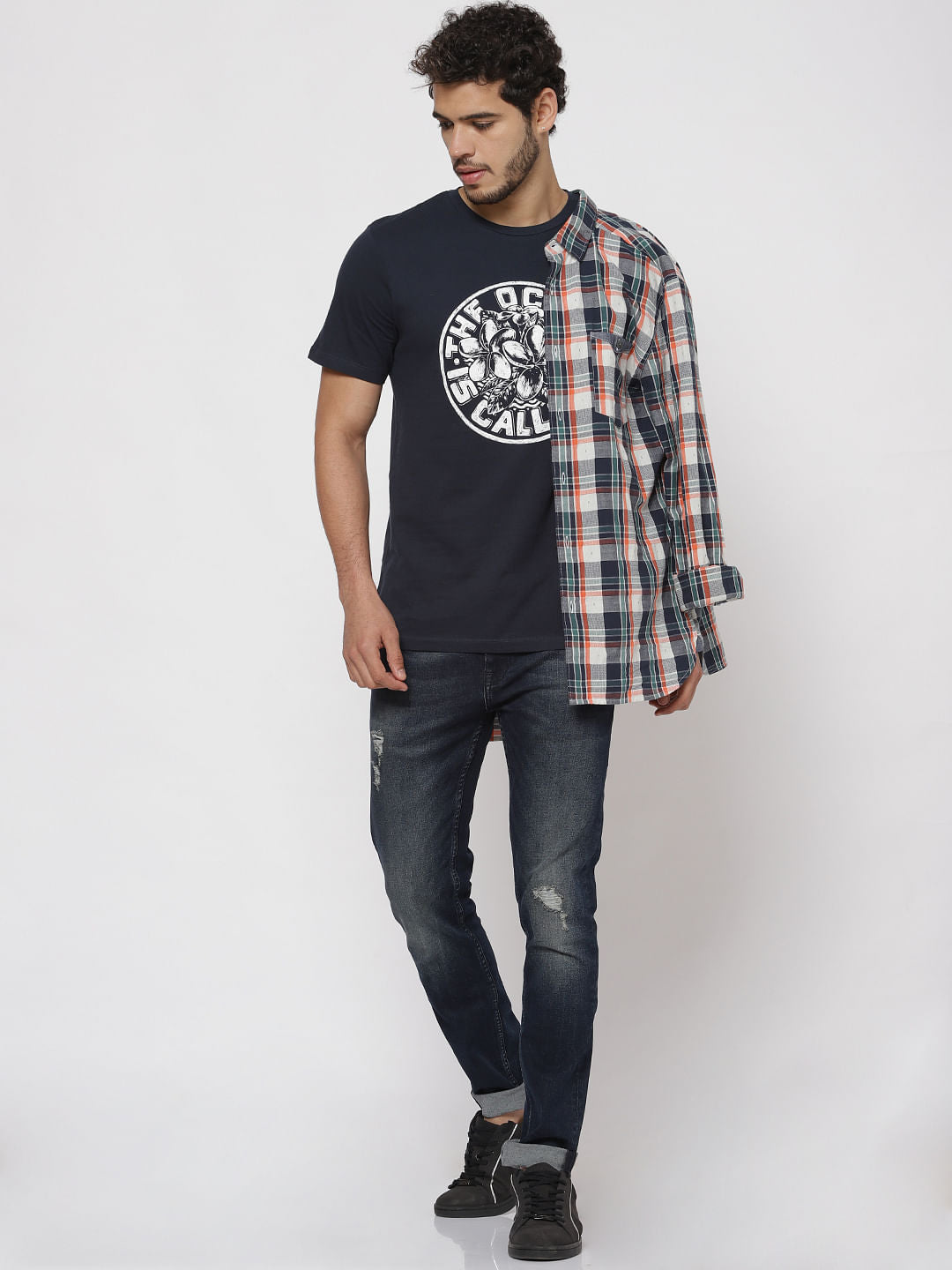 Blue Typographic Print Crew Neck T-Shirt