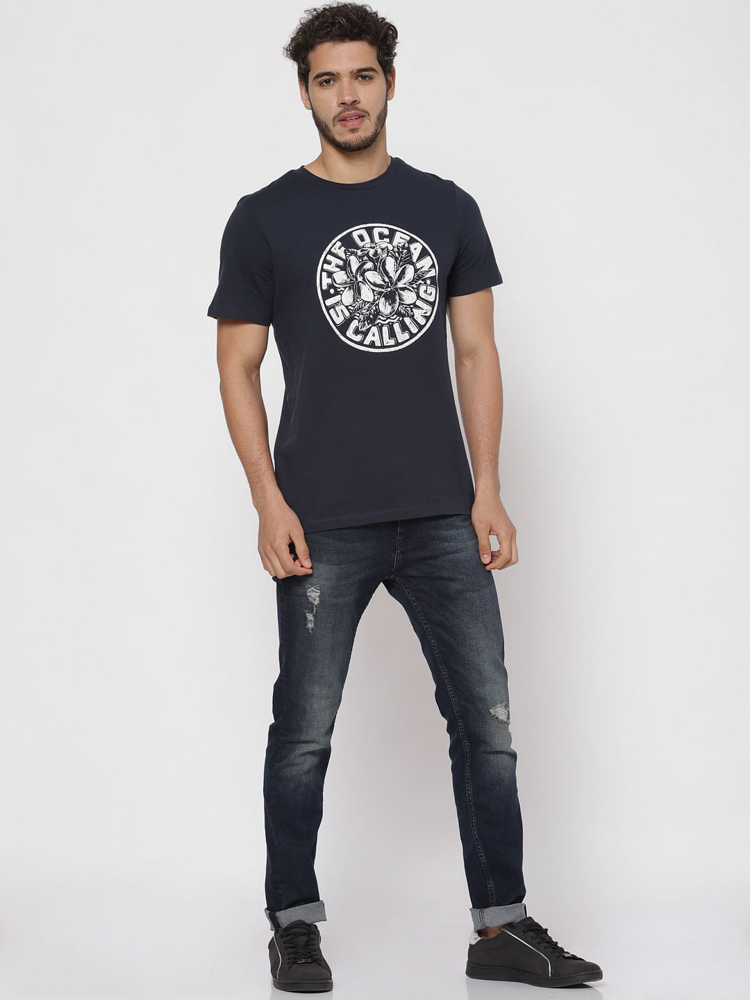 Blue Typographic Print Crew Neck T-Shirt