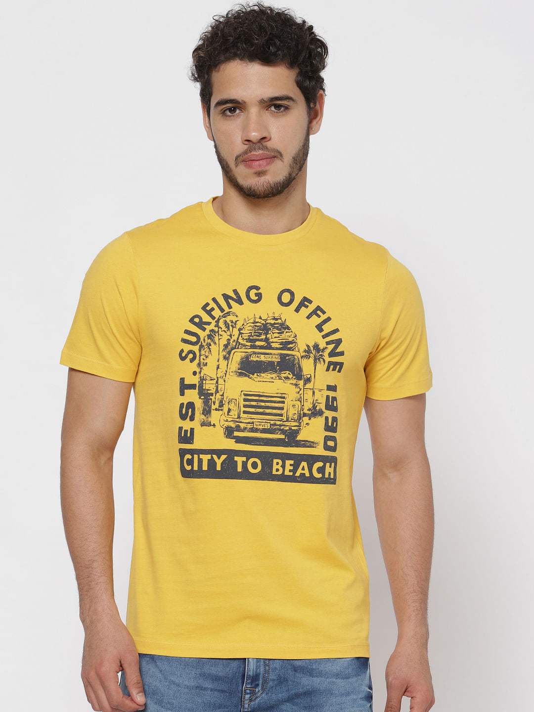 Yellow Printed Crew Neck T-Shirt