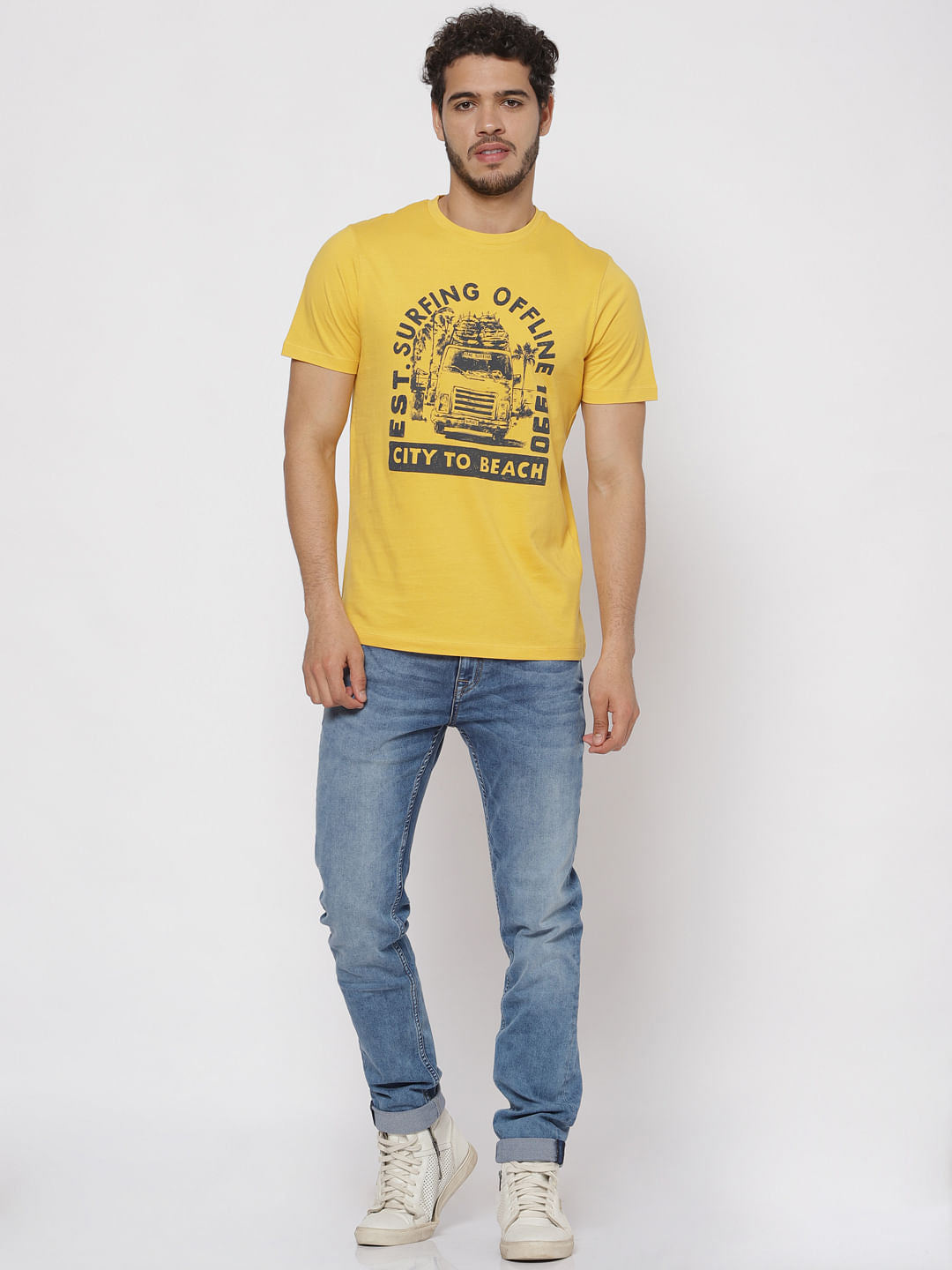 Yellow Printed Crew Neck T-Shirt