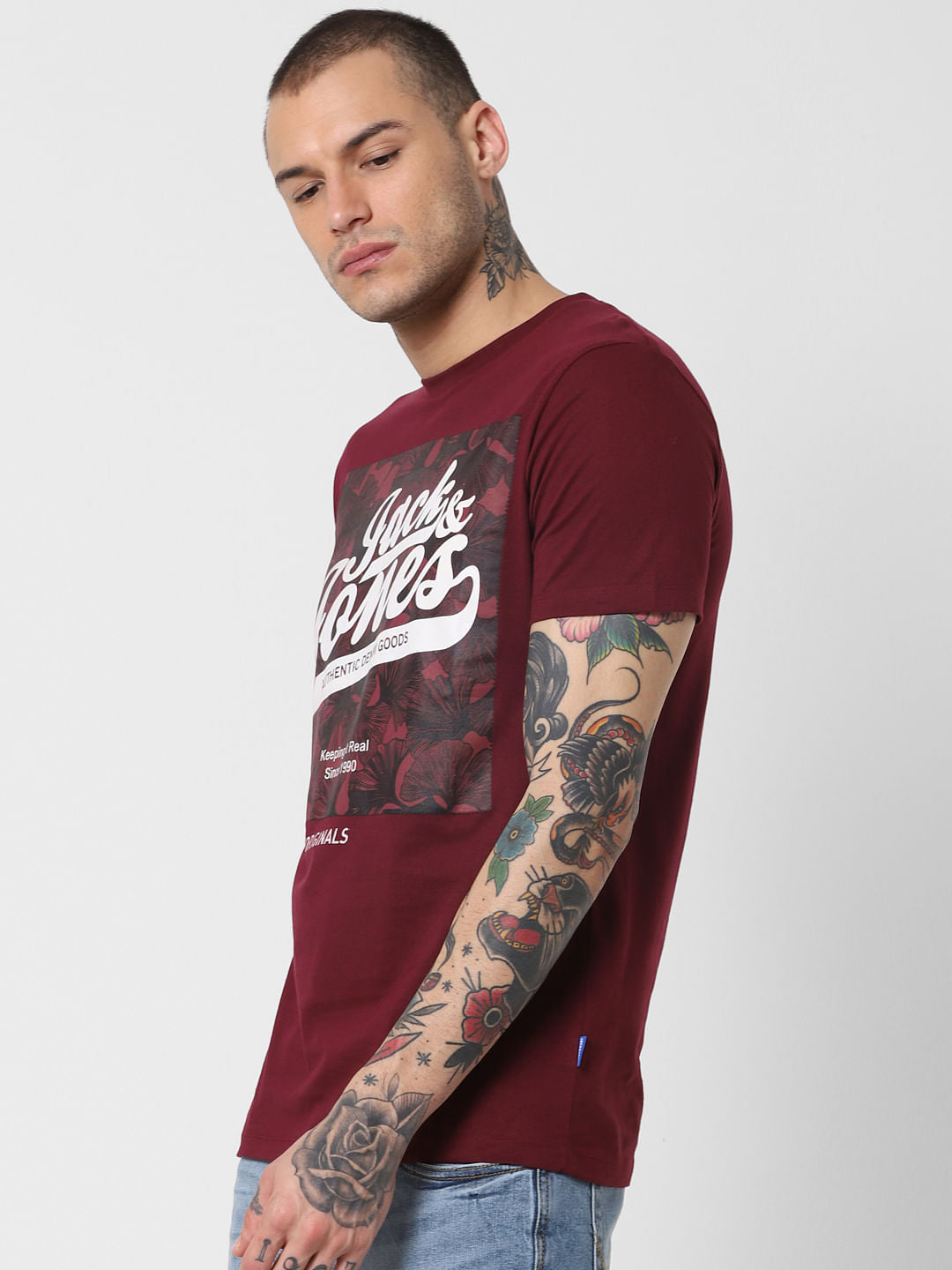 Burgundy Logo Print Crew Neck T-Shirt