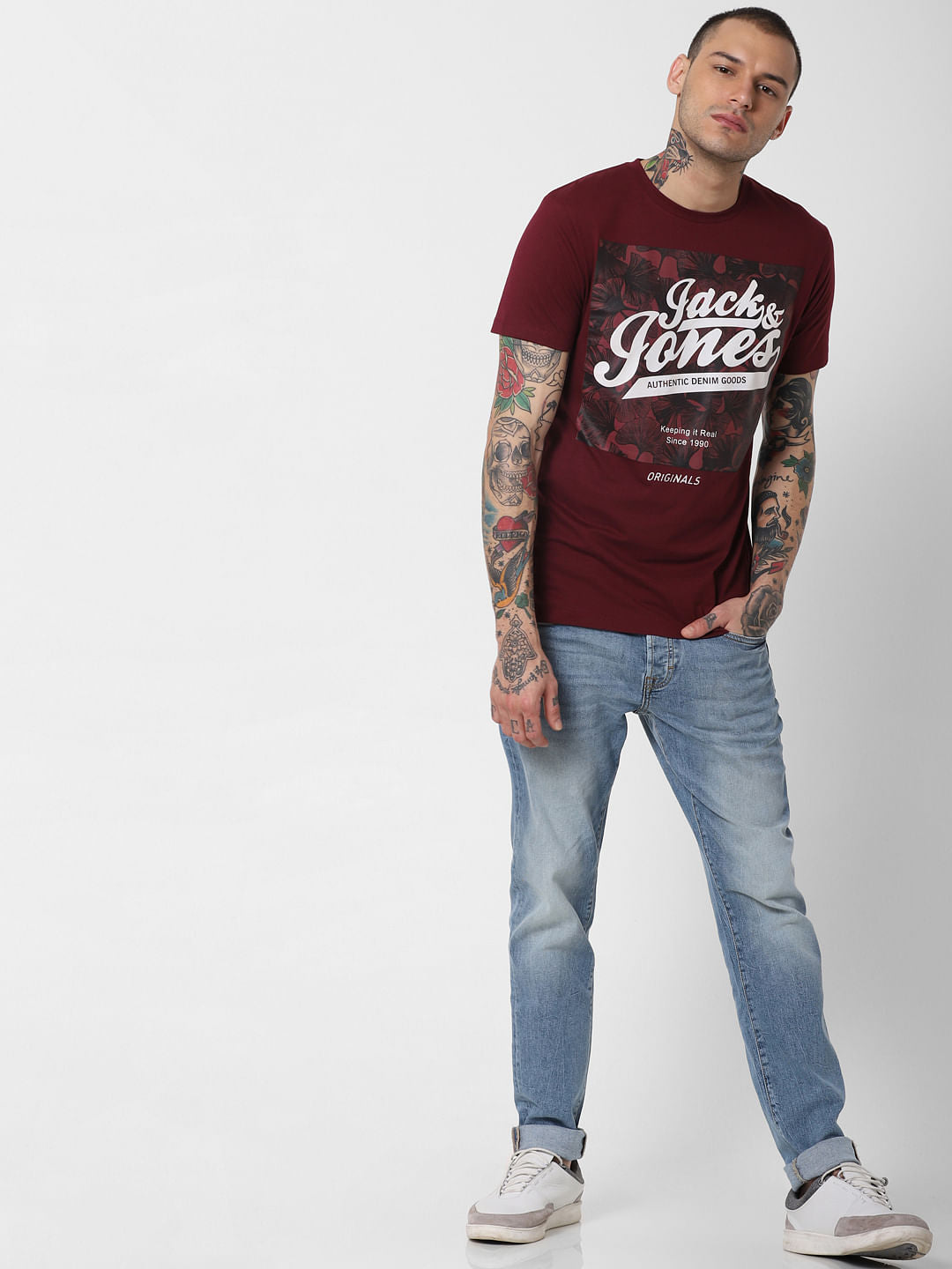 Burgundy Logo Print Crew Neck T-Shirt