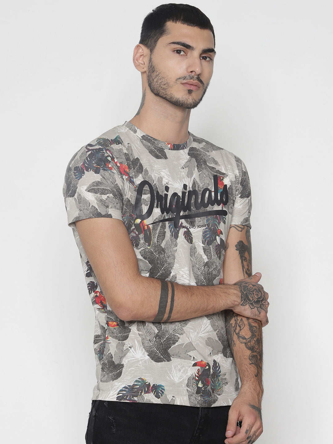 Grey All Over Print Crew Neck T-Shirt