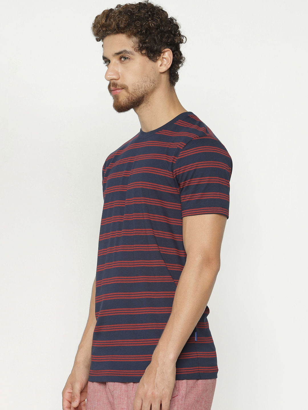 Navy Blue Striped Crew Neck T-Shirt