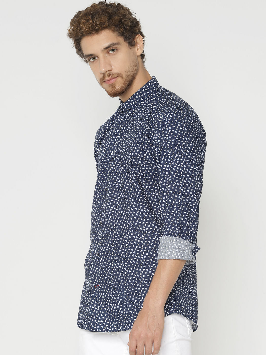 Navy Blue Printed Full Sleeves Shirt