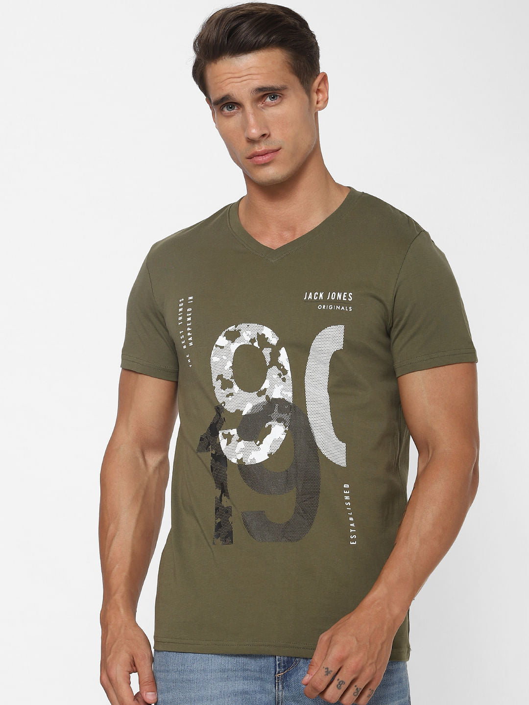 Green Logo Print V Neck T-shirt Online in India - Flat 30% Off