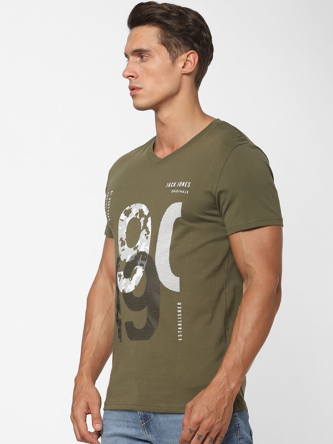 Green Logo Print V Neck T-shirt Online in India - Flat 30% Off