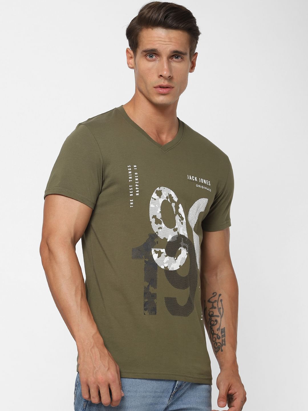 Green Logo Print V Neck T-shirt Online in India - Flat 30% Off