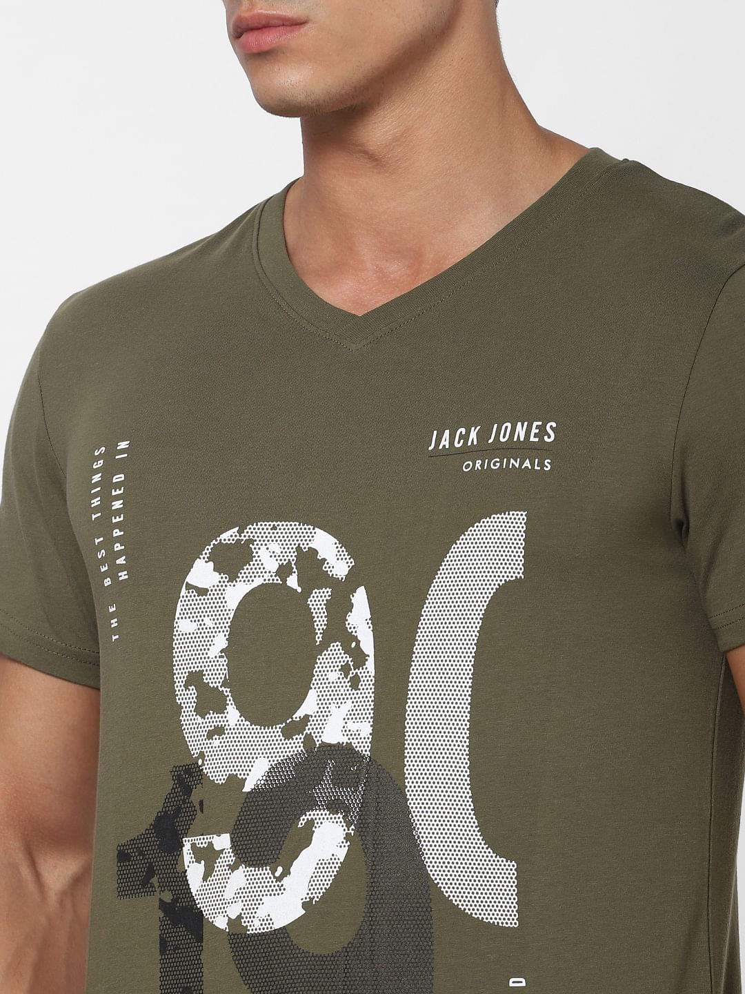Green Logo Print V Neck T-shirt Online in India - Flat 30% Off