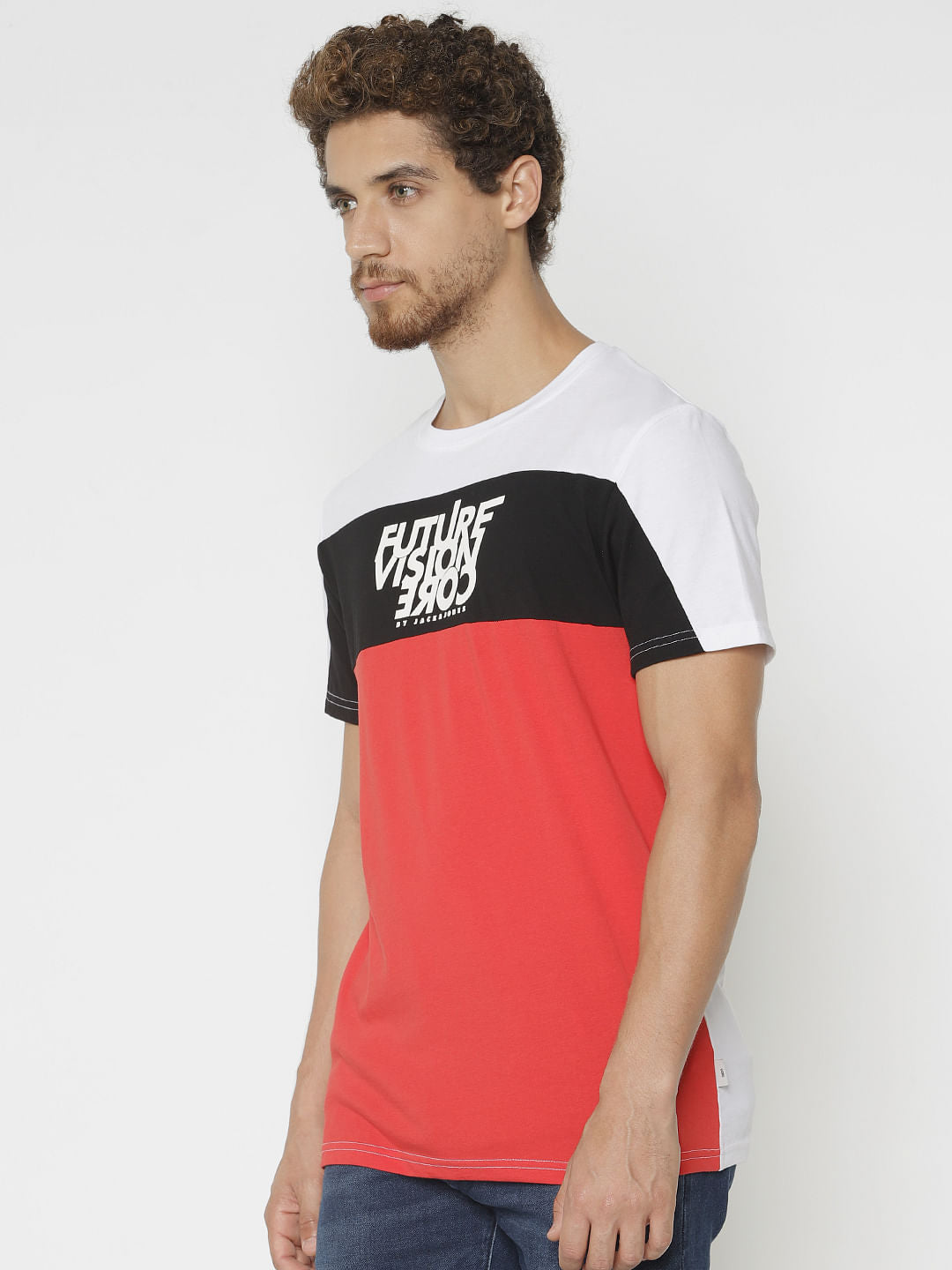 White Colour Blocked Crew Neck T-Shirt