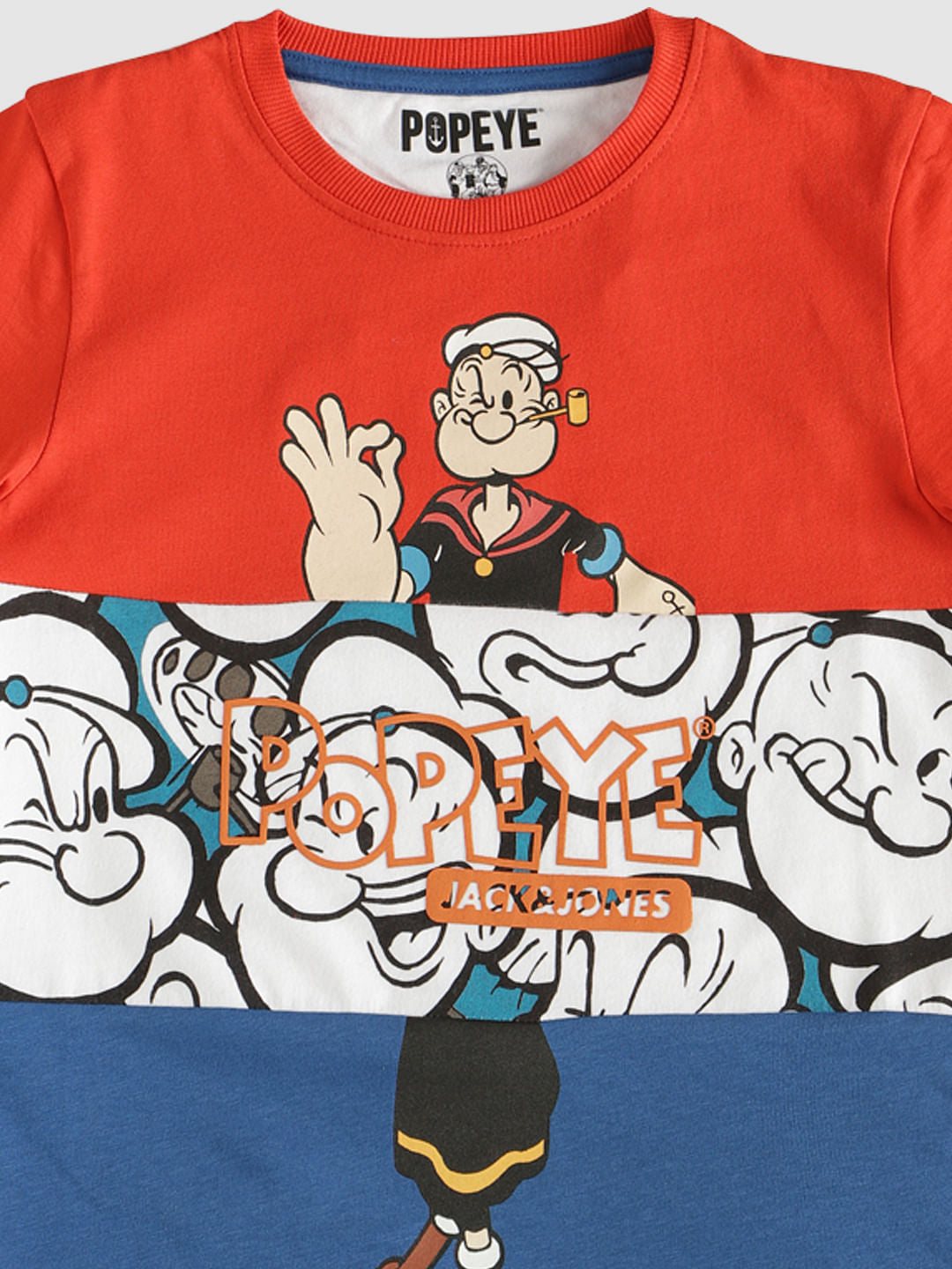 Boys X Popeye Red Colour Blocked Crew Neck T-Shirt
