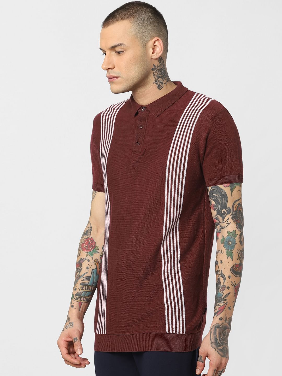 Dark Brown Striped Polo Neck T-Shirt