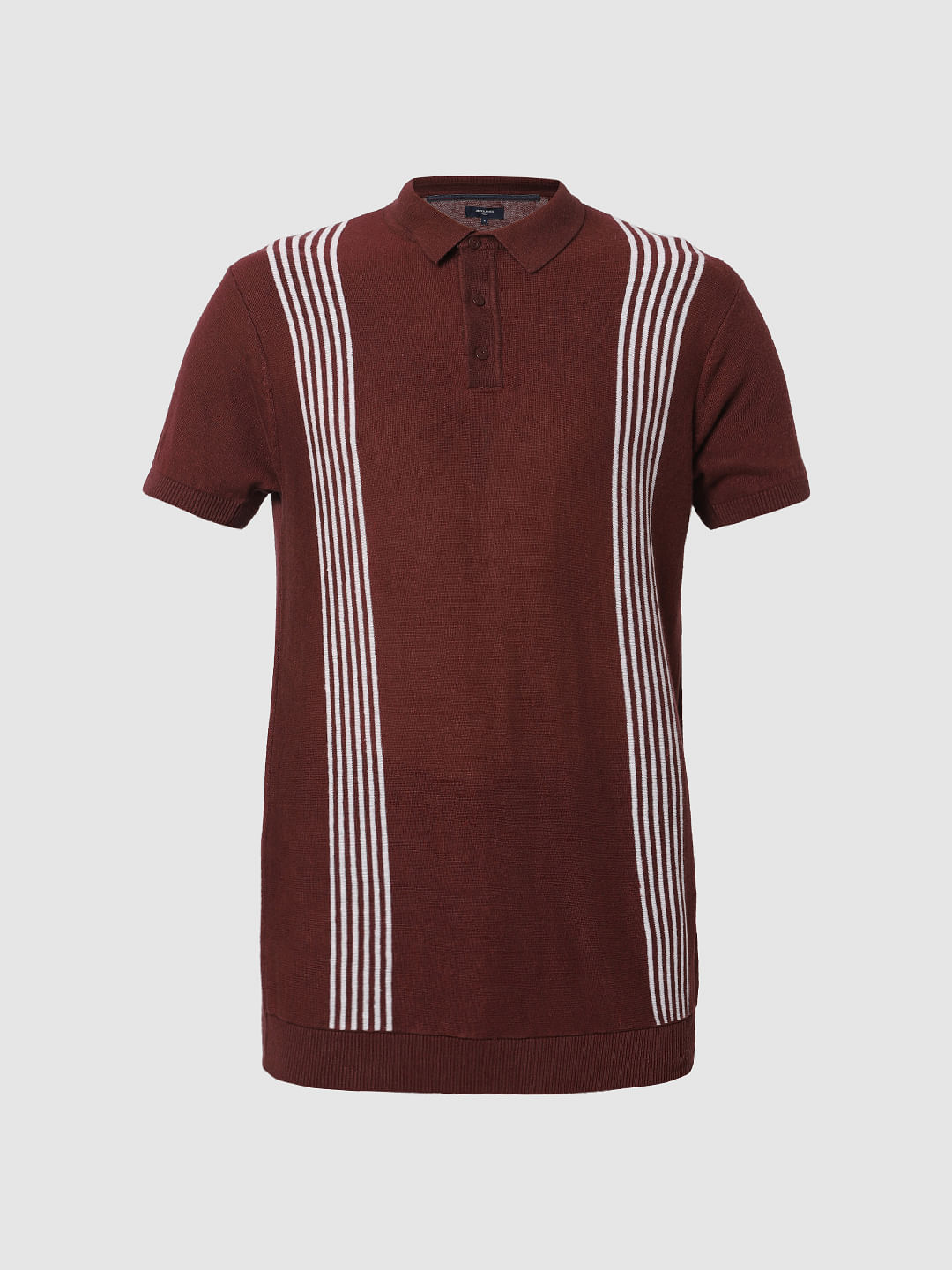 Dark Brown Striped Polo Neck T-Shirt