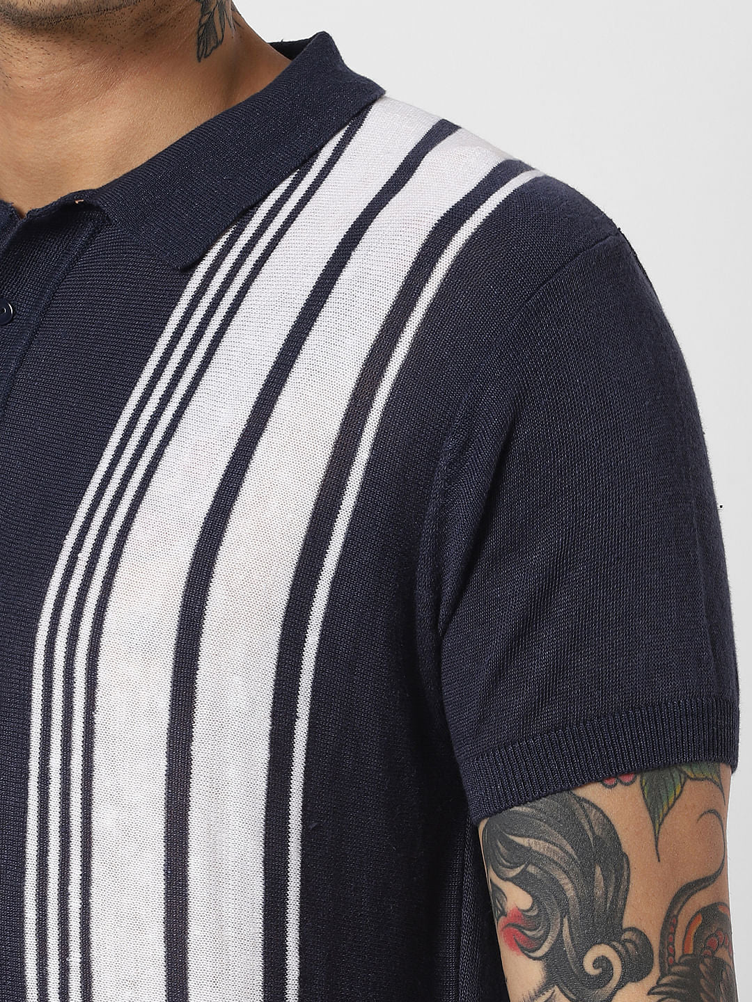 Blue Striped Polo Neck T-Shirt