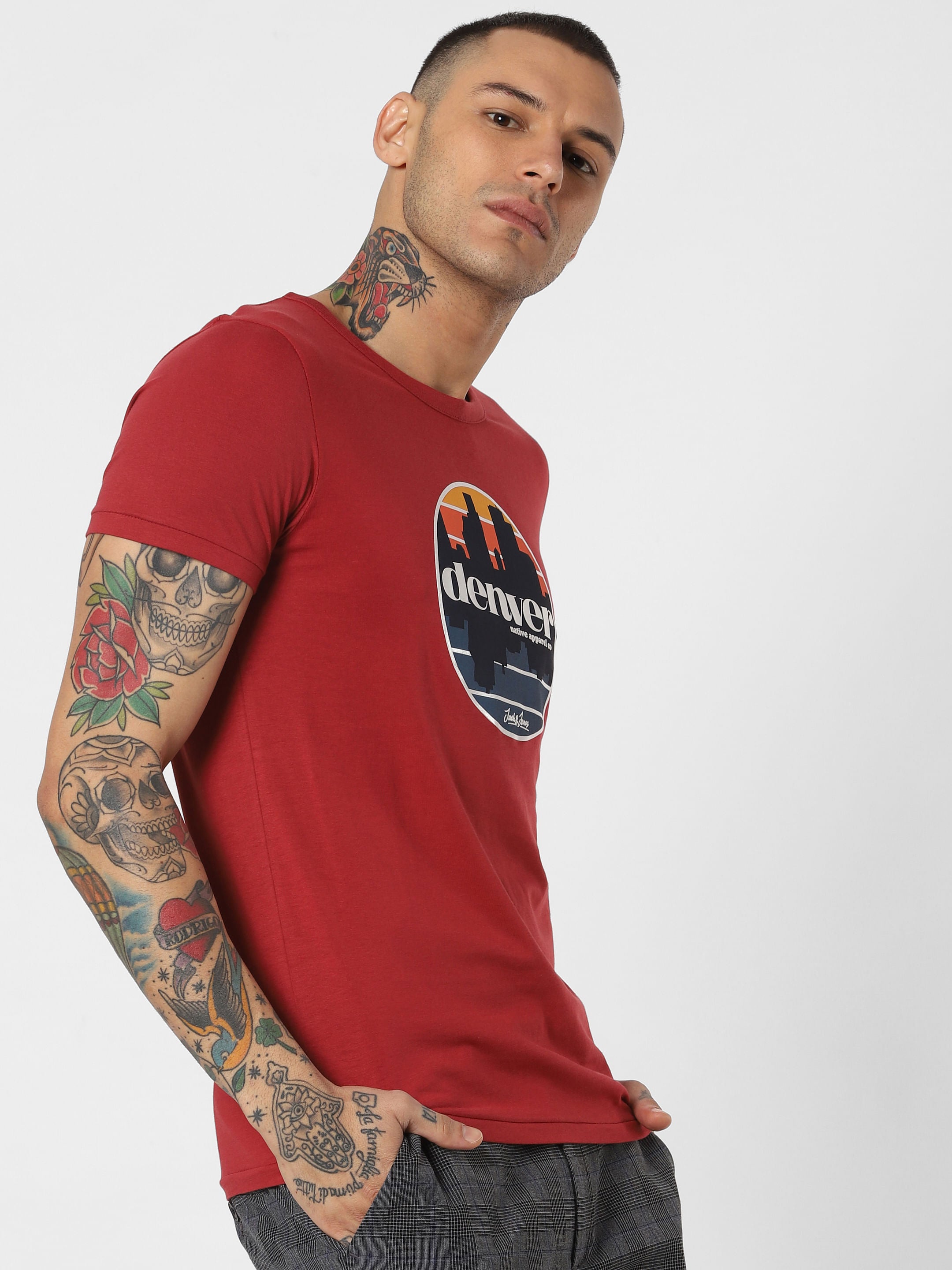 Red Denver Text Print Crew Neck T-Shirt