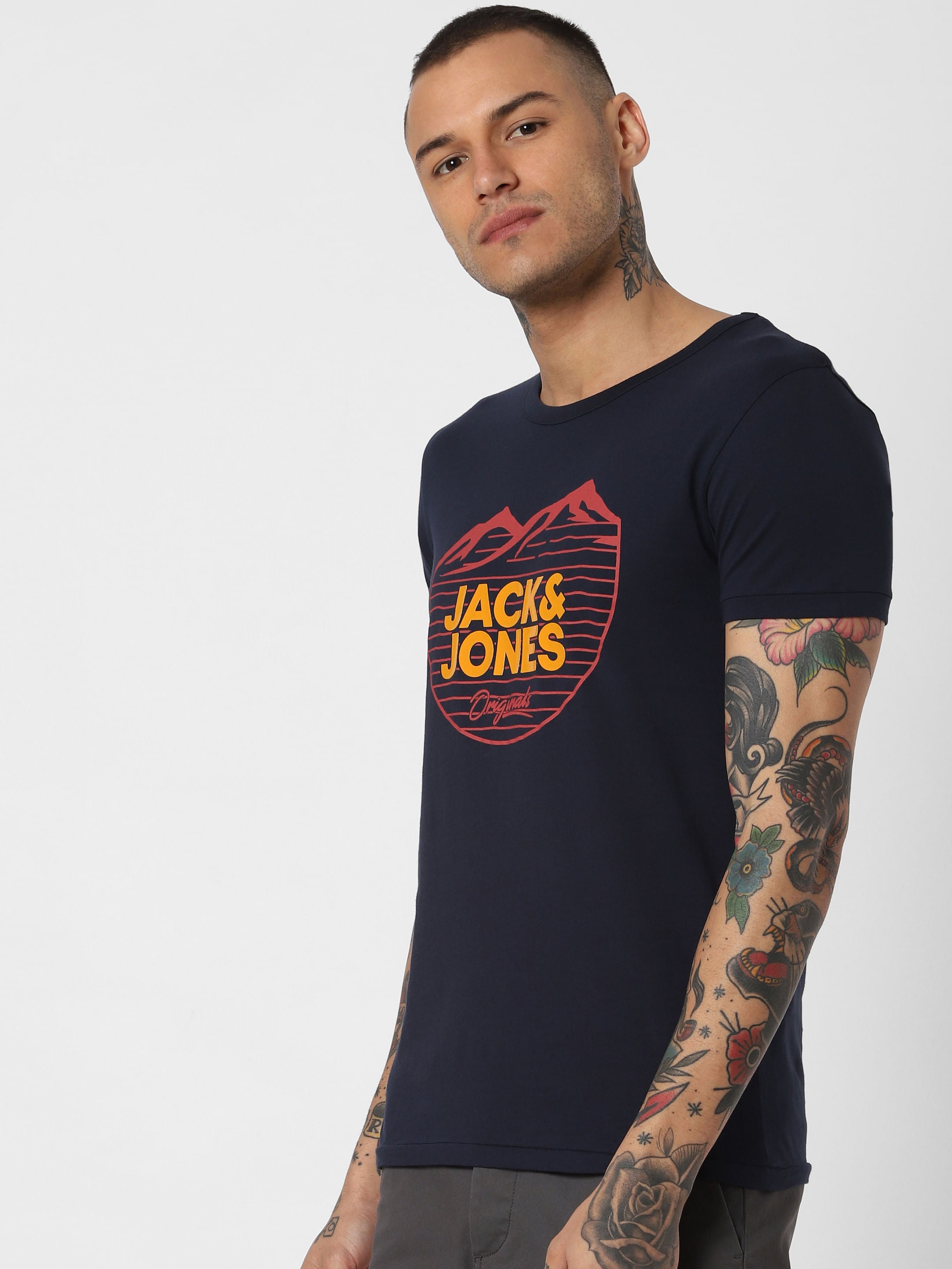 Navy Blue Logo Print Crew Neck T-Shirt
