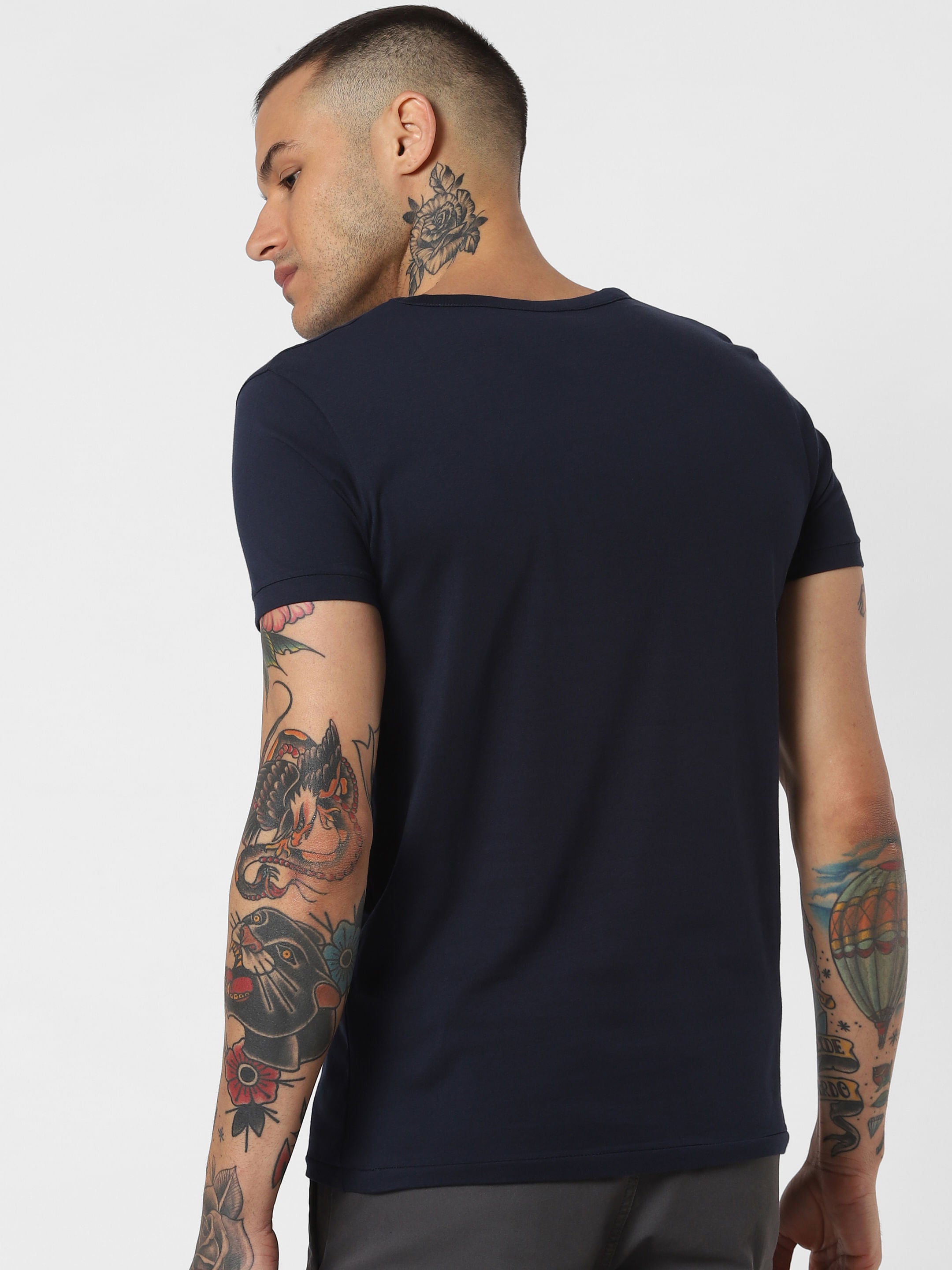 Navy Blue Logo Print Crew Neck T-Shirt