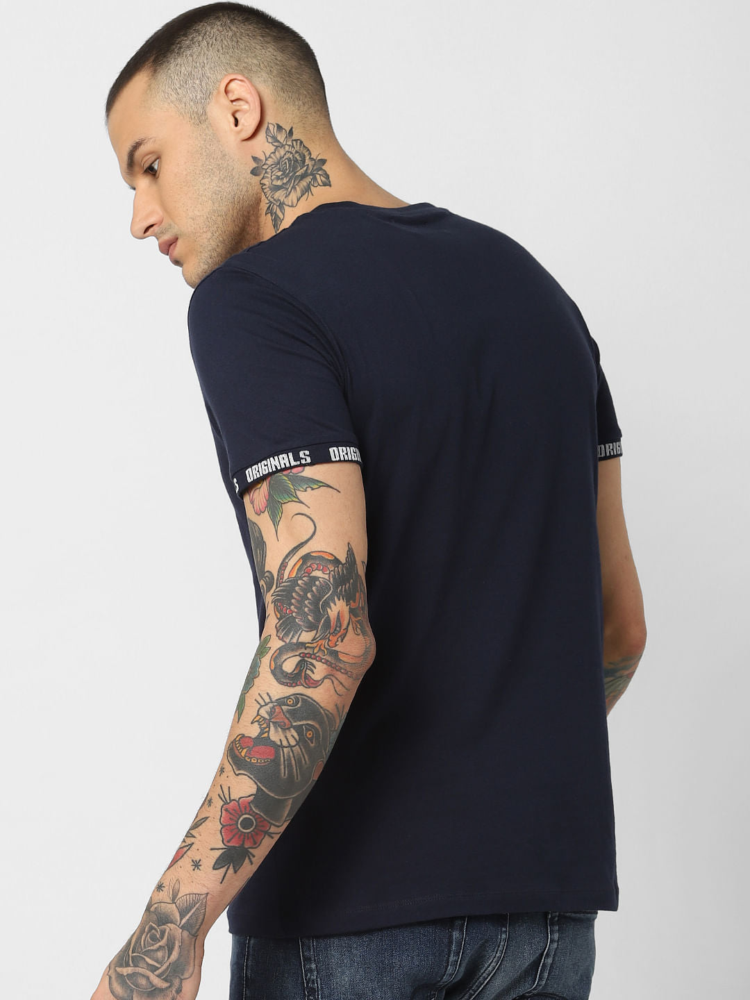 Navy Blue Logo Print Crew Neck T-Shirt