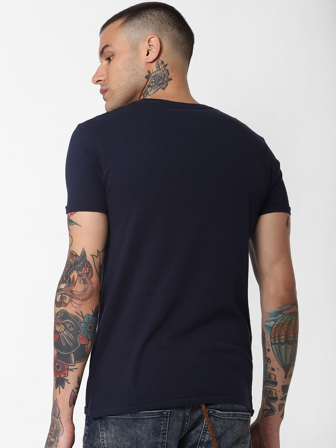 Navy Blue Text Print Crew Neck T-Shirt