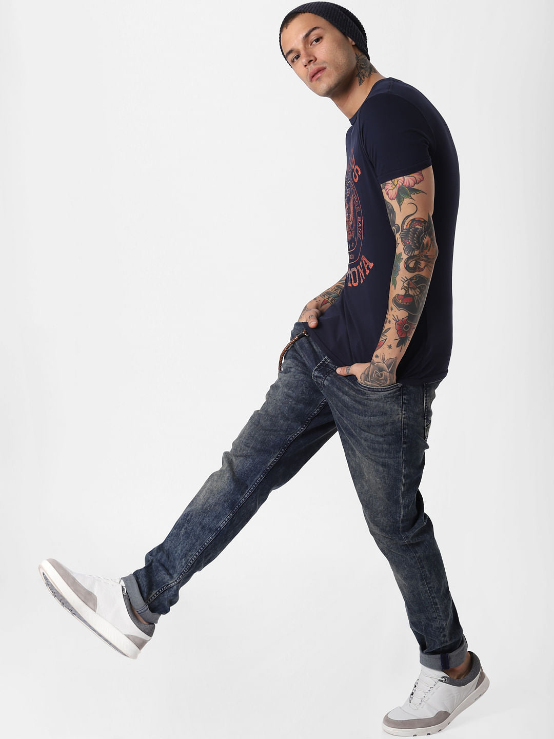 Navy Blue Text Print Crew Neck T-Shirt