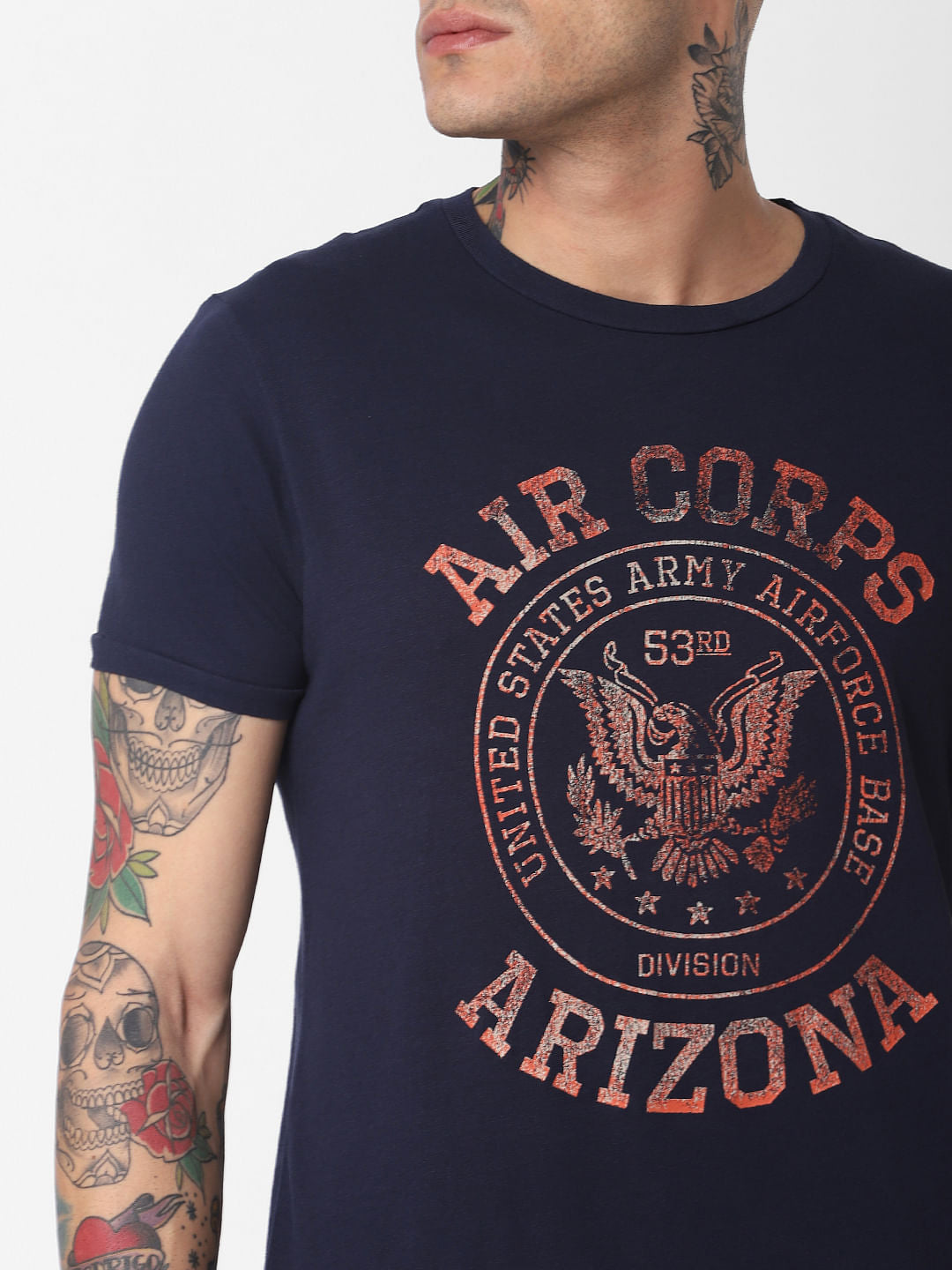 Navy Blue Text Print Crew Neck T-Shirt