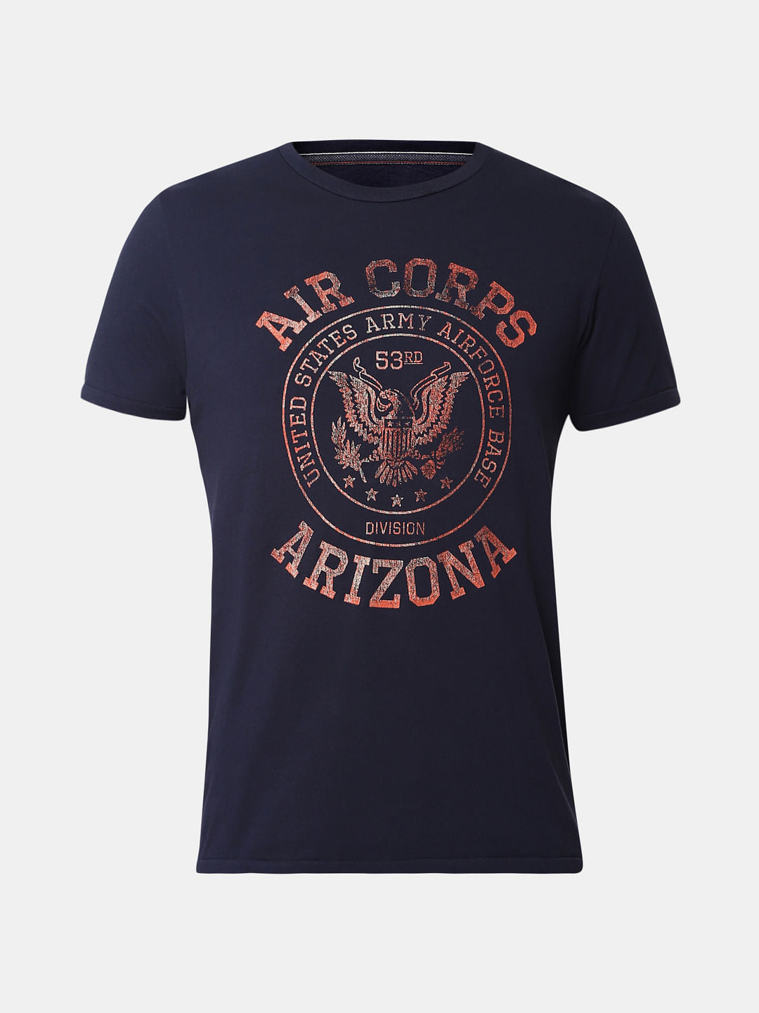Navy Blue Text Print Crew Neck T-Shirt