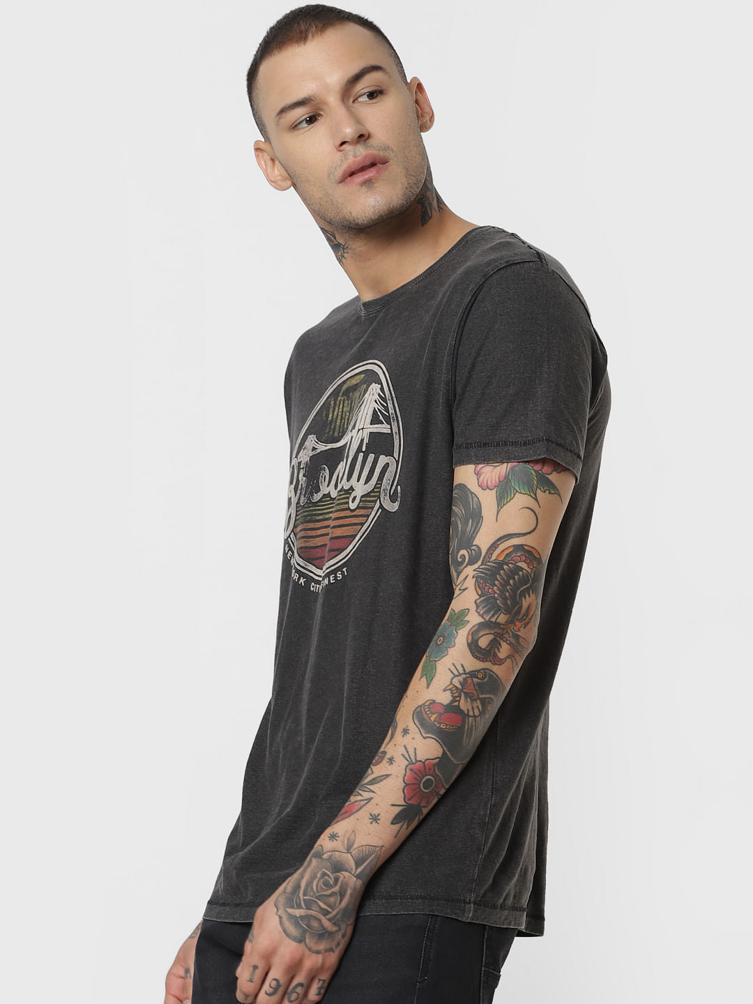Black Chest Print Crew Neck T-Shirt