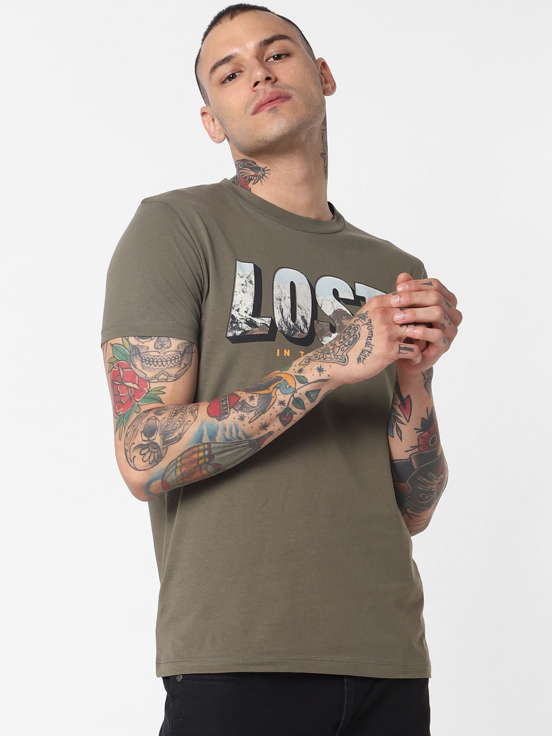 Green Lost Text Print Crew Neck T-Shirt