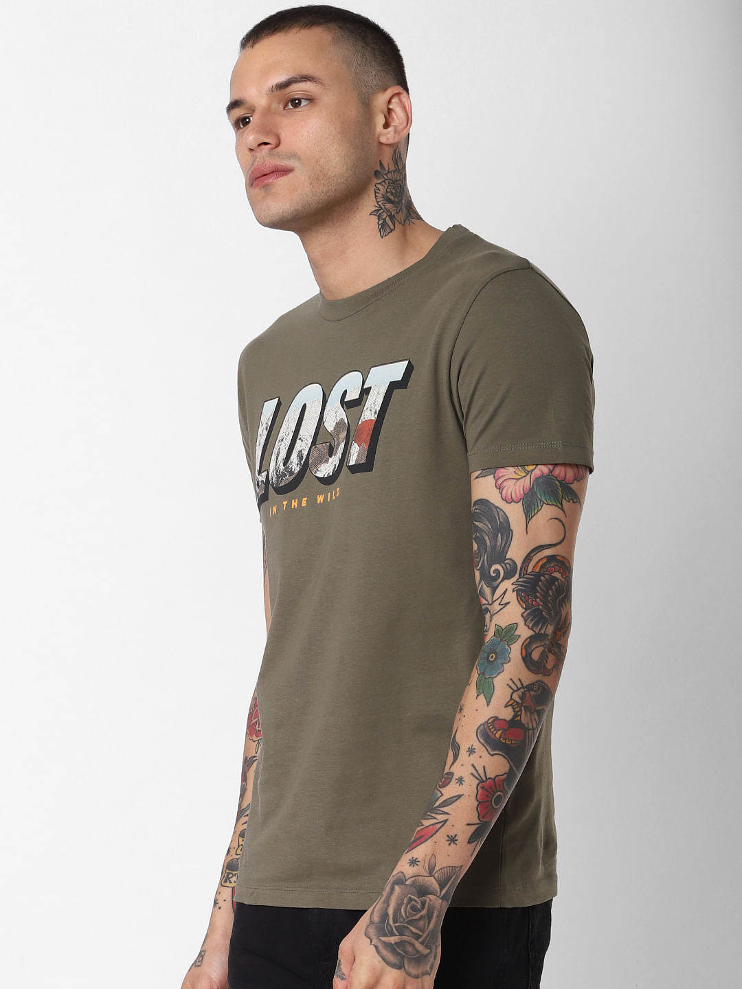 Green Lost Text Print Crew Neck T-Shirt