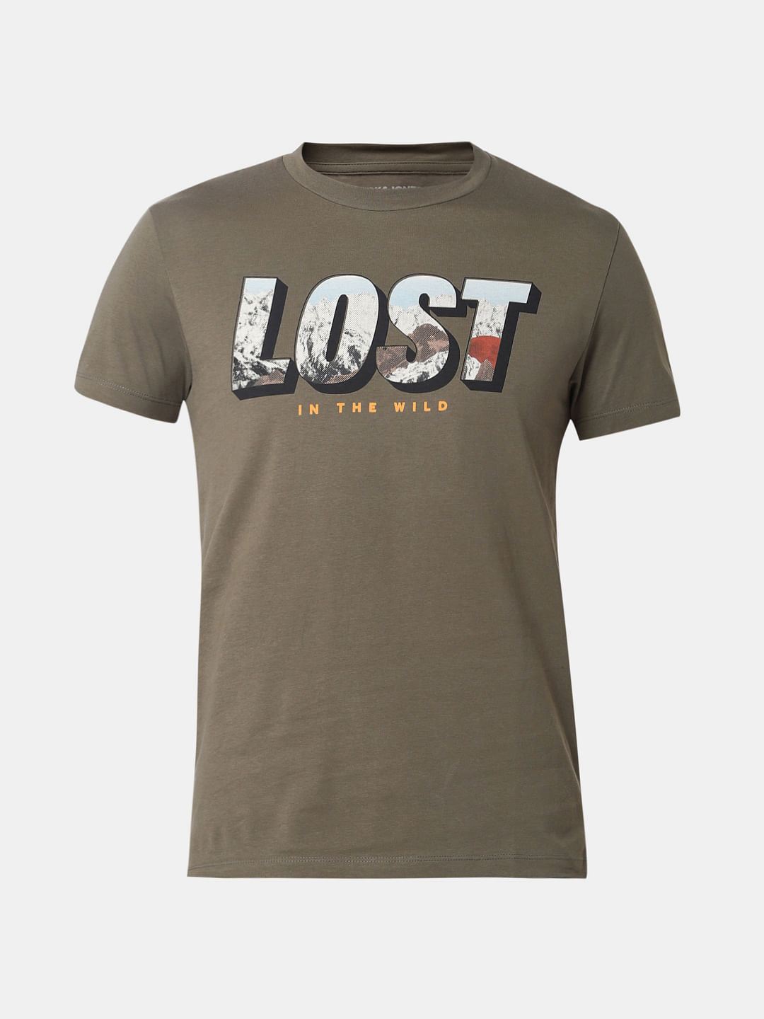 Green Lost Text Print Crew Neck T-Shirt