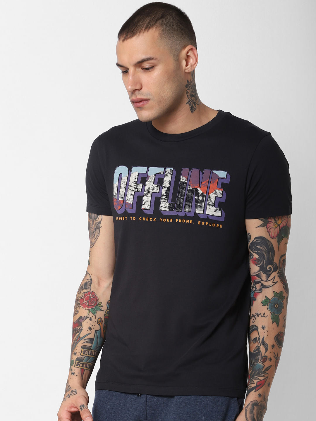 Black Offline Text Print Crew Neck T-Shirt