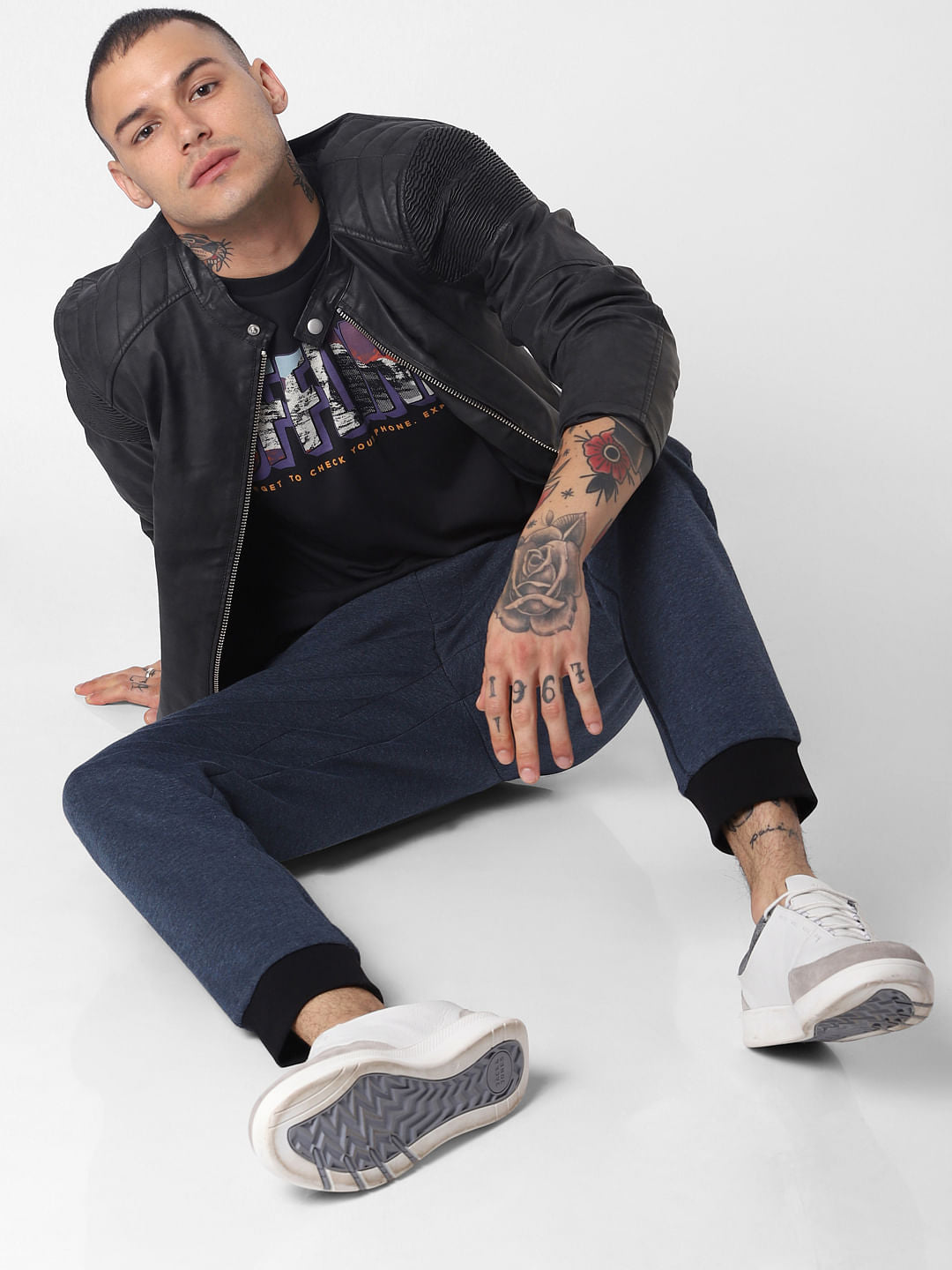 Black Offline Text Print Crew Neck T-Shirt