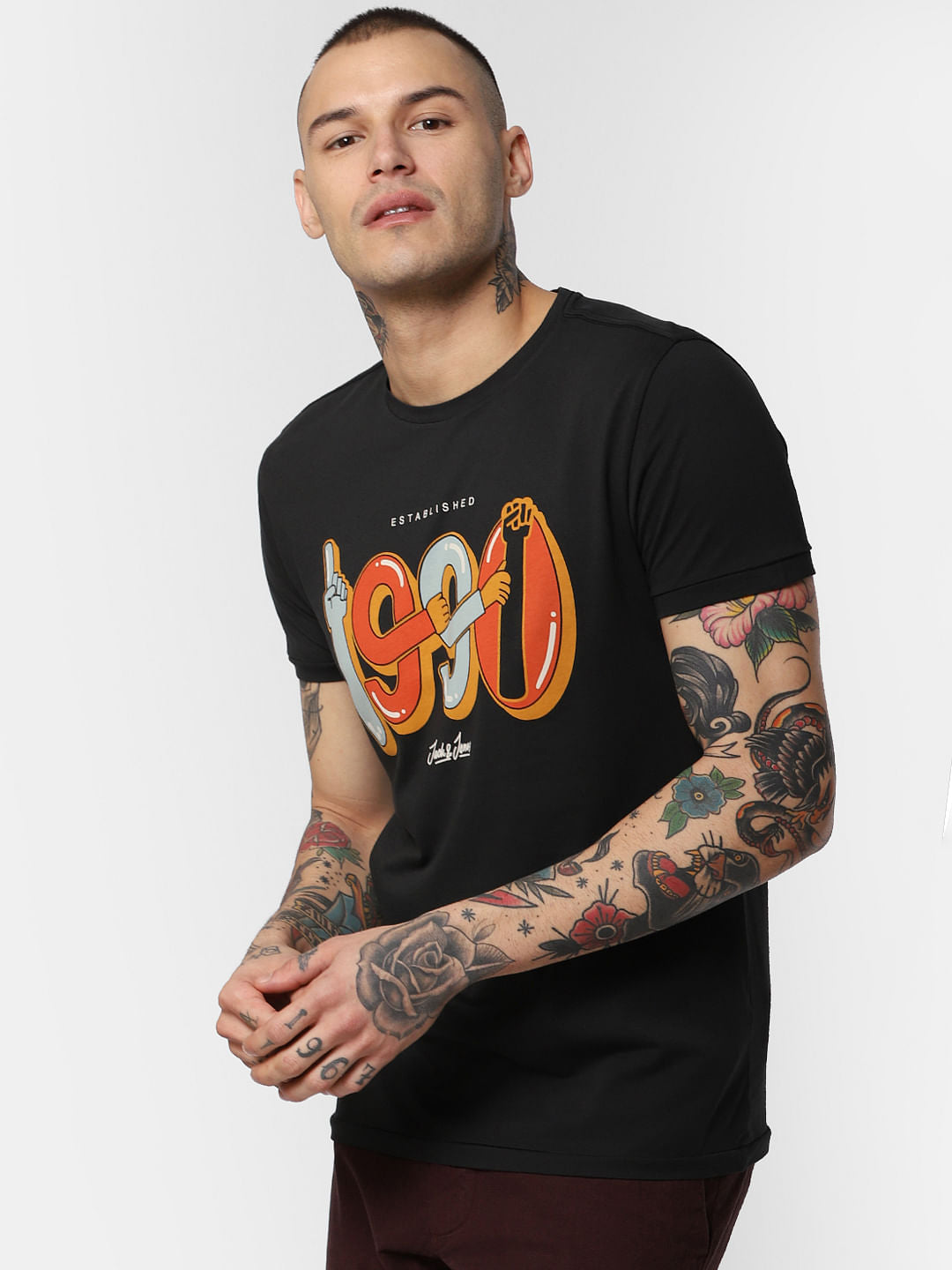 Black Typographic Print Crew Neck T-Shirt