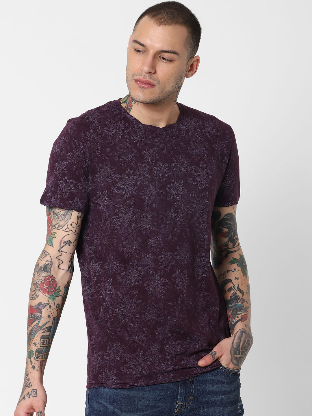 Purple All Over Print Crew Neck T-Shirt
