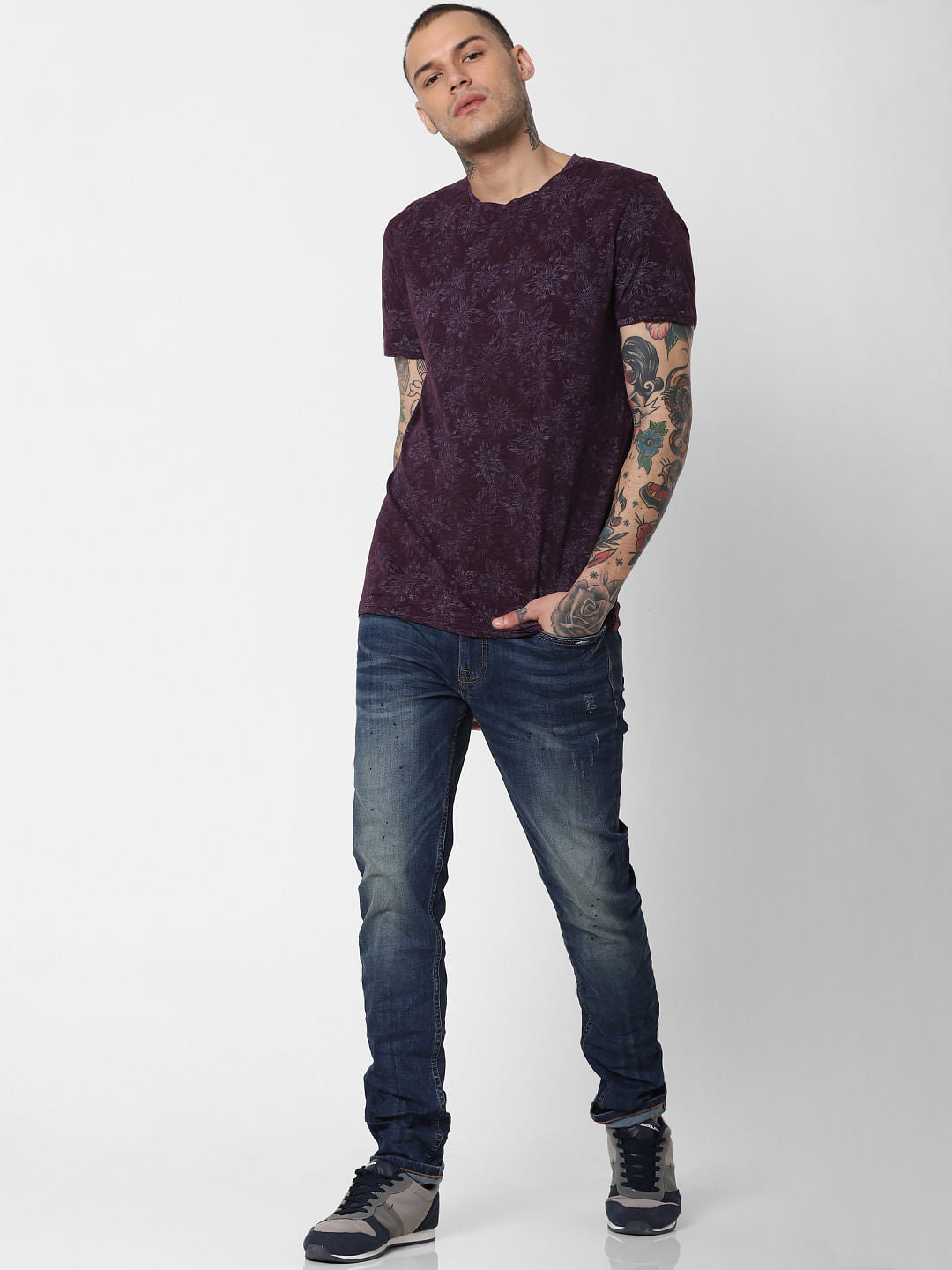 Purple All Over Print Crew Neck T-Shirt