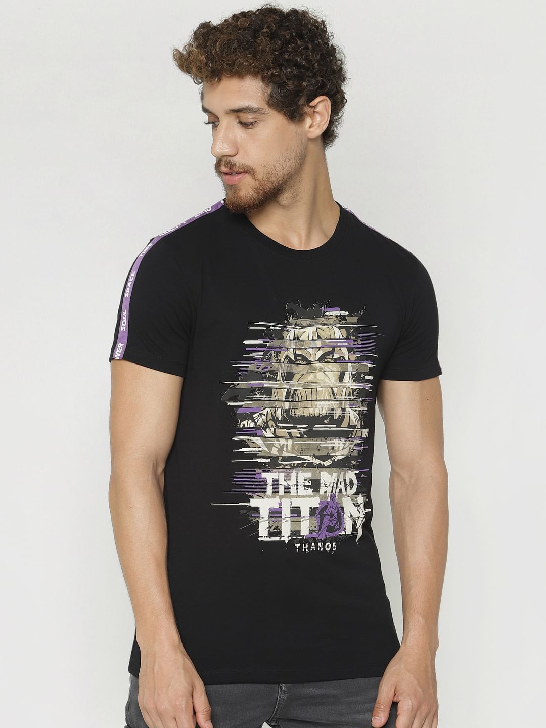 X Avengers Black Thanos Graphic Print Crew Neck T-Shirt
