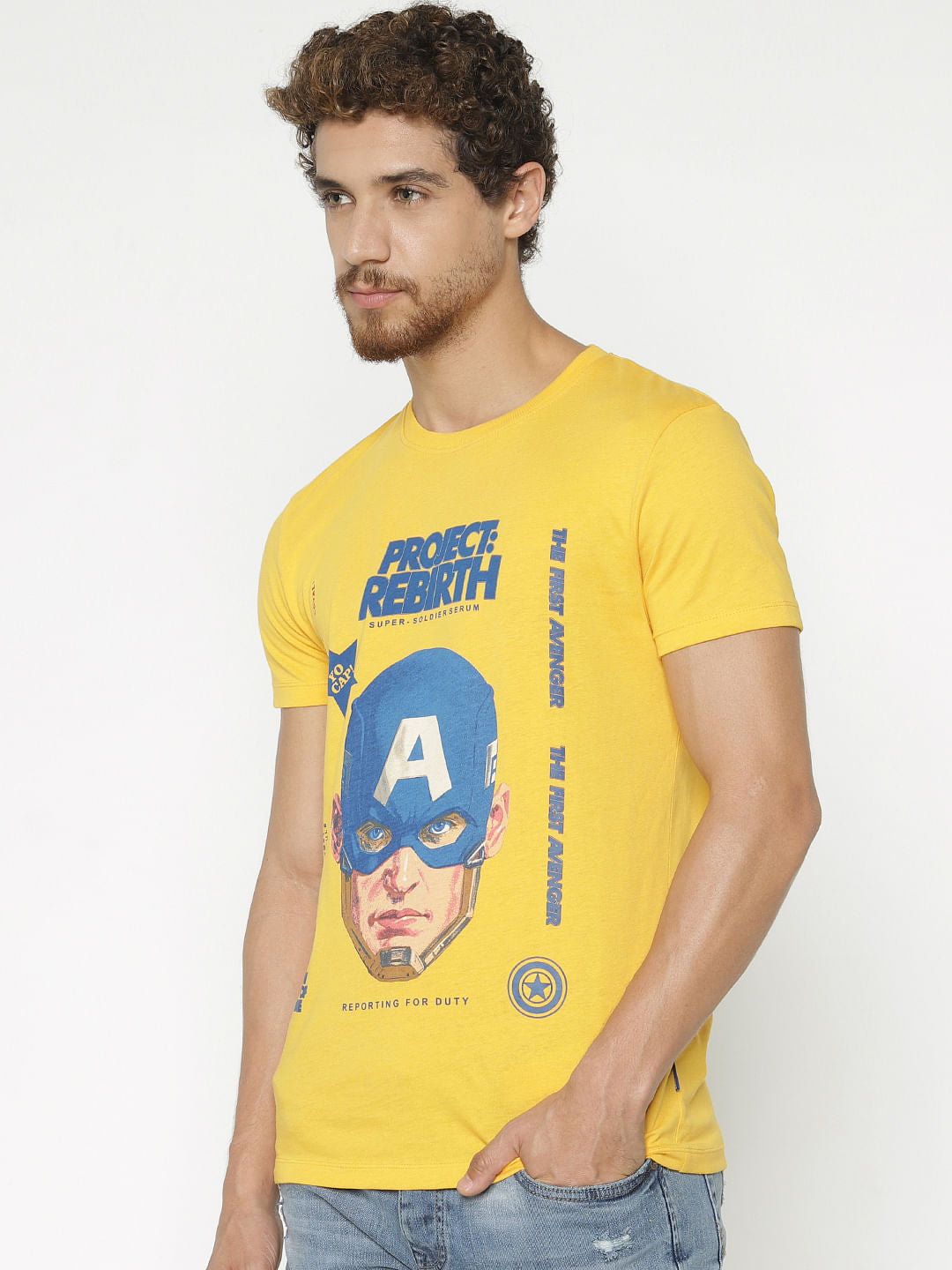 X Avengers Yellow Captain America Print Crew Neck T-Shirt