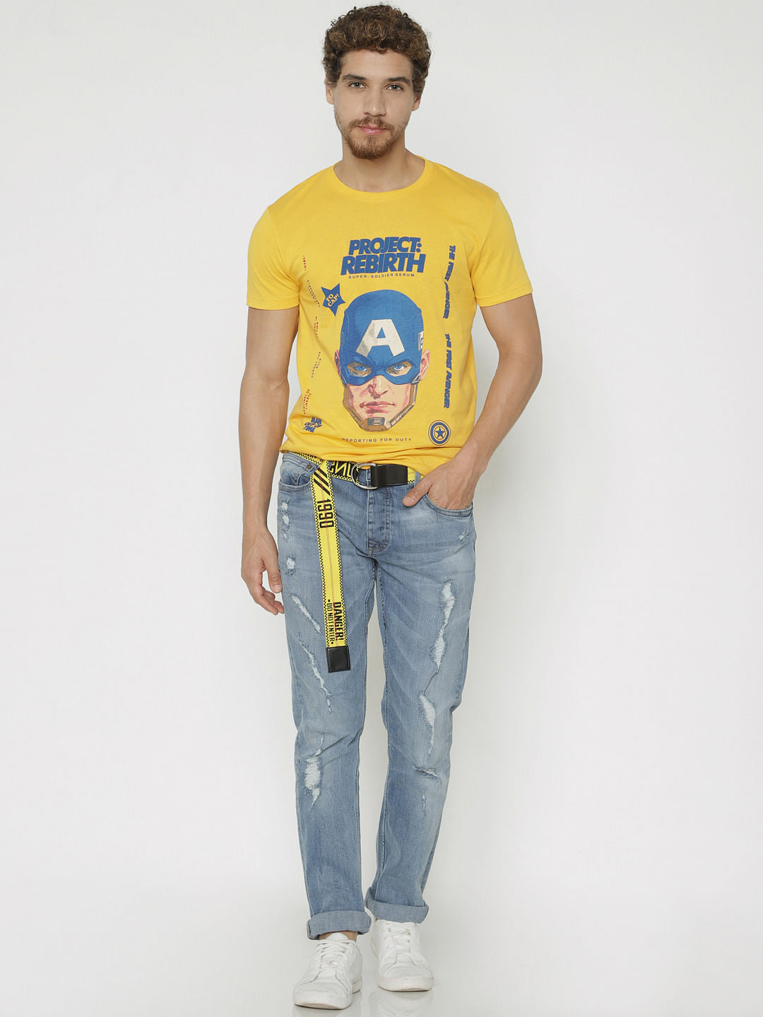 X Avengers Yellow Captain America Print Crew Neck T-Shirt