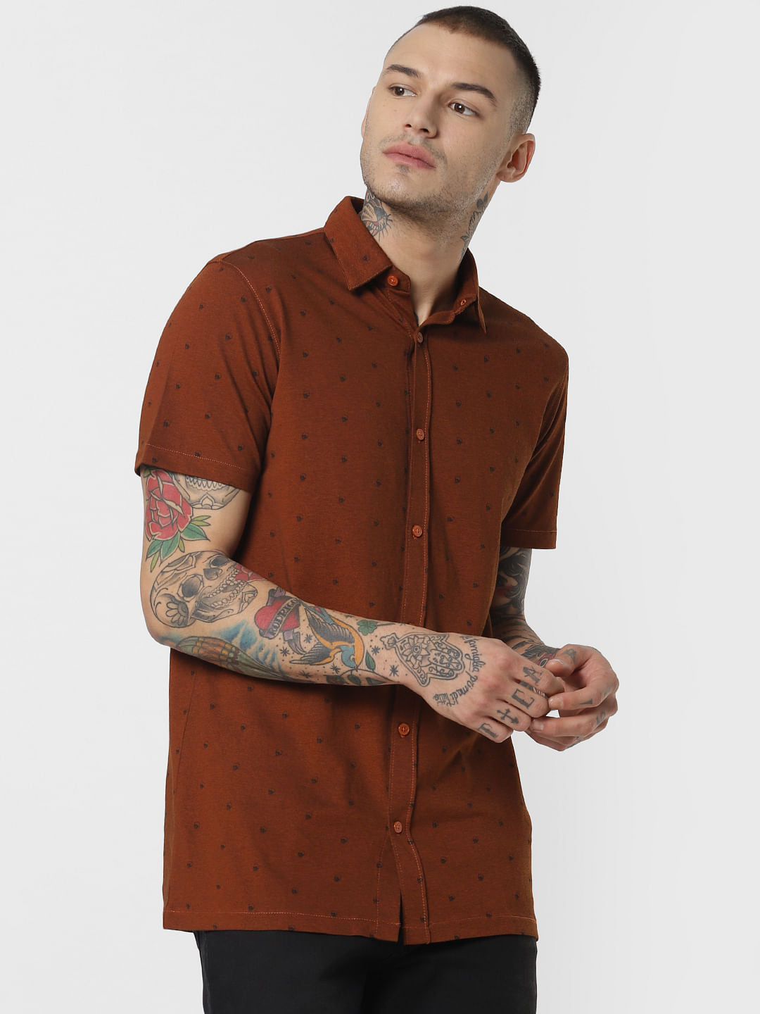 Dark Brown All Over Print Short Sleeves Shirt