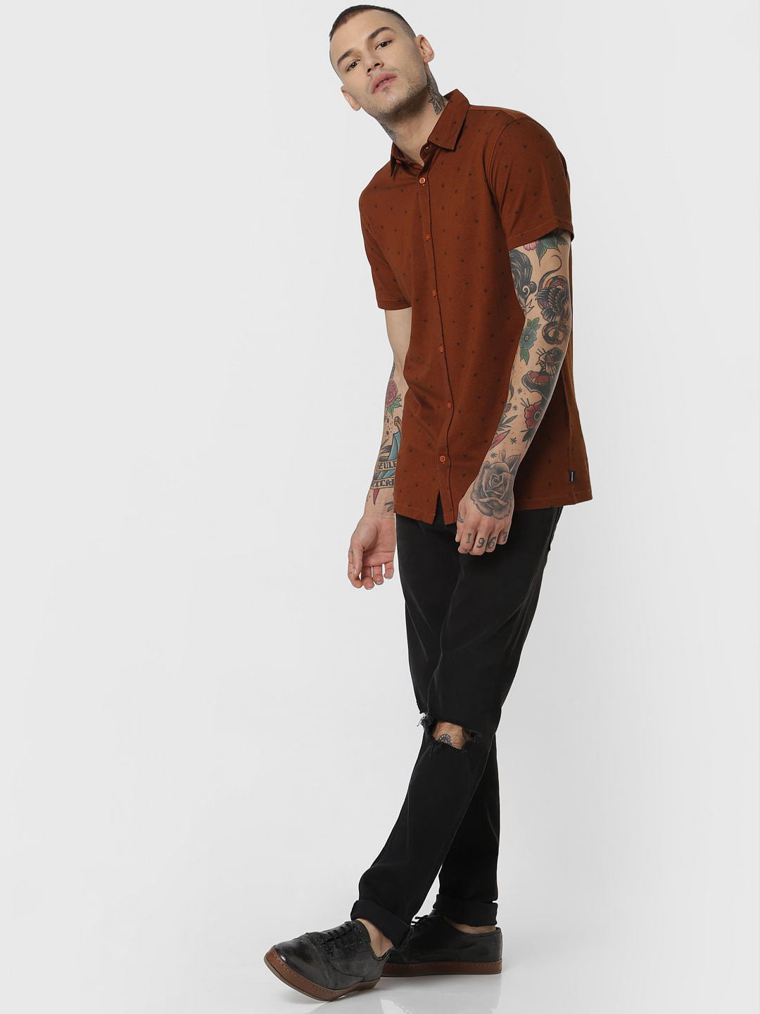 Dark Brown All Over Print Short Sleeves Shirt