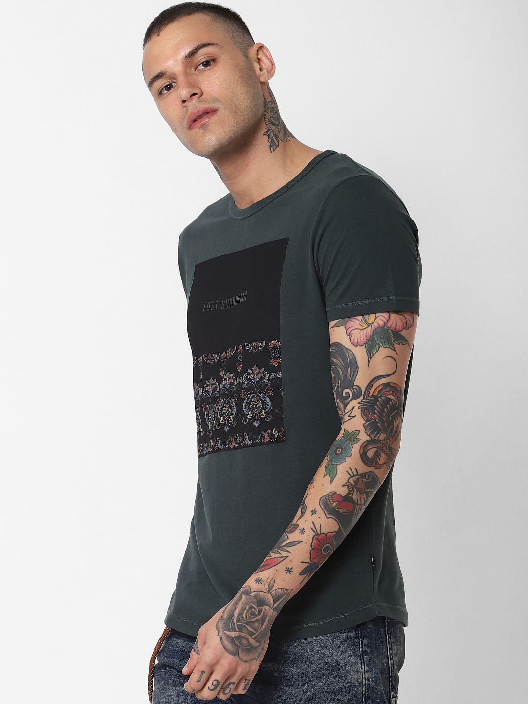 Dark Green Graphic Print Crew Neck T-Shirt