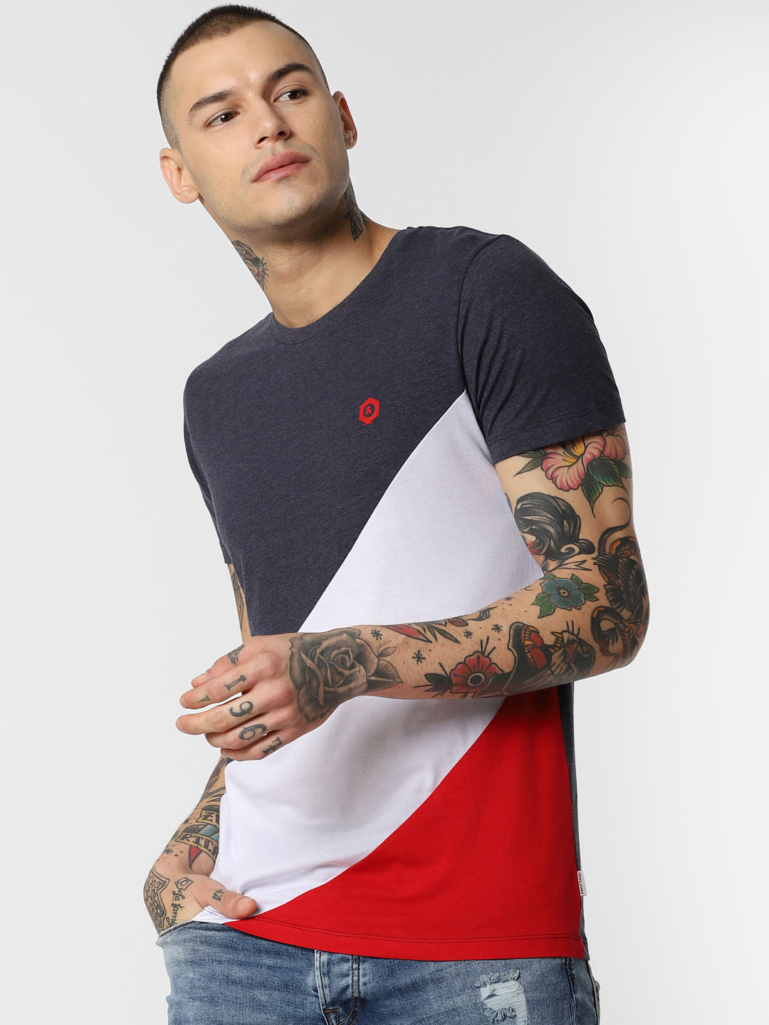 Navy Blue Colourblocked Crew Neck T-Shirt