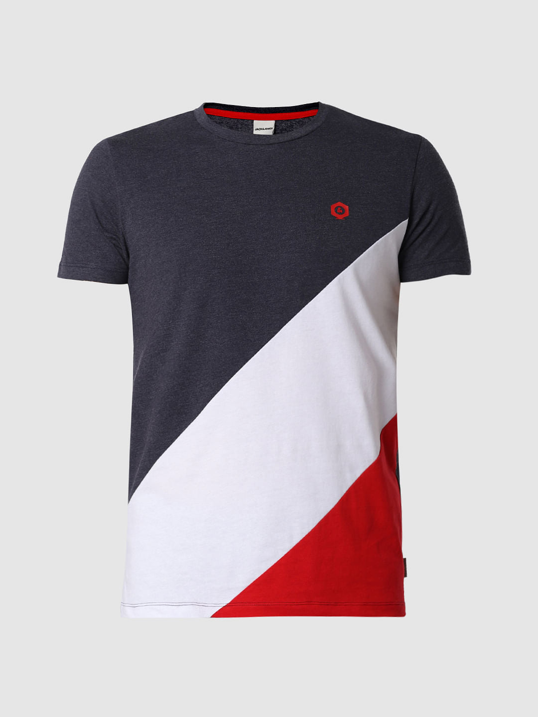 Navy Blue Colourblocked Crew Neck T-Shirt