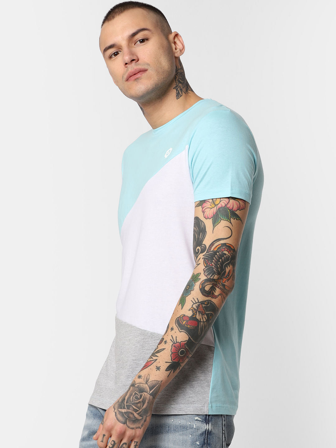 Blue Colourblocked Crew Neck T-Shirt