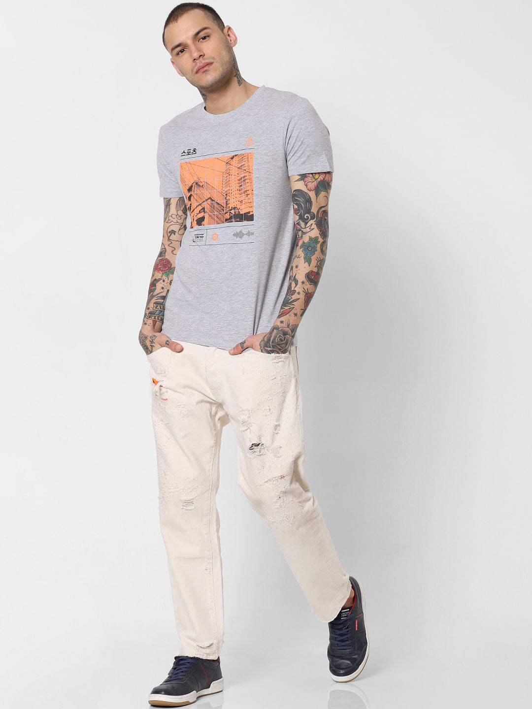 Grey Graphic Print Crew Neck T-Shirt