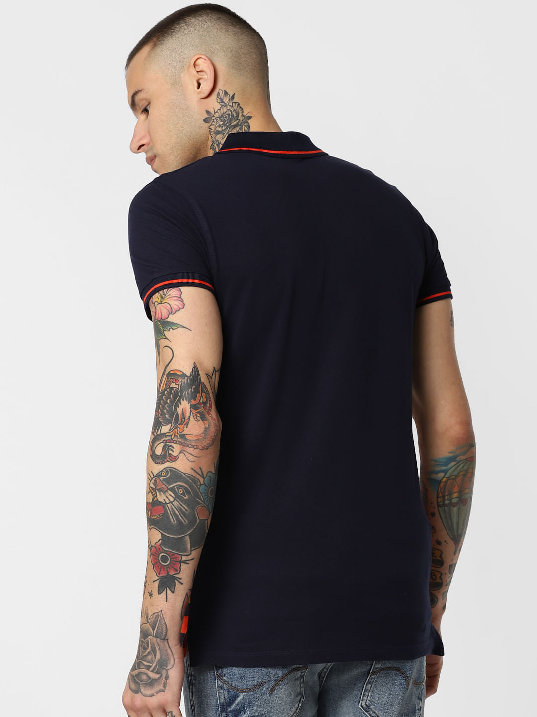 Navy Blue Striped Polo Neck T-Shirt