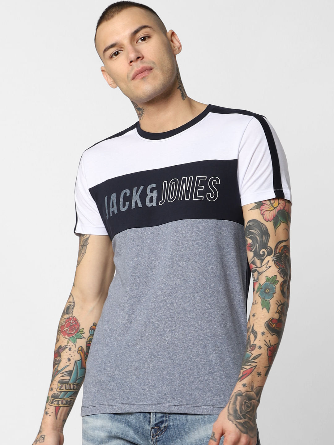 White Colourblocked Crew Neck T-Shirt