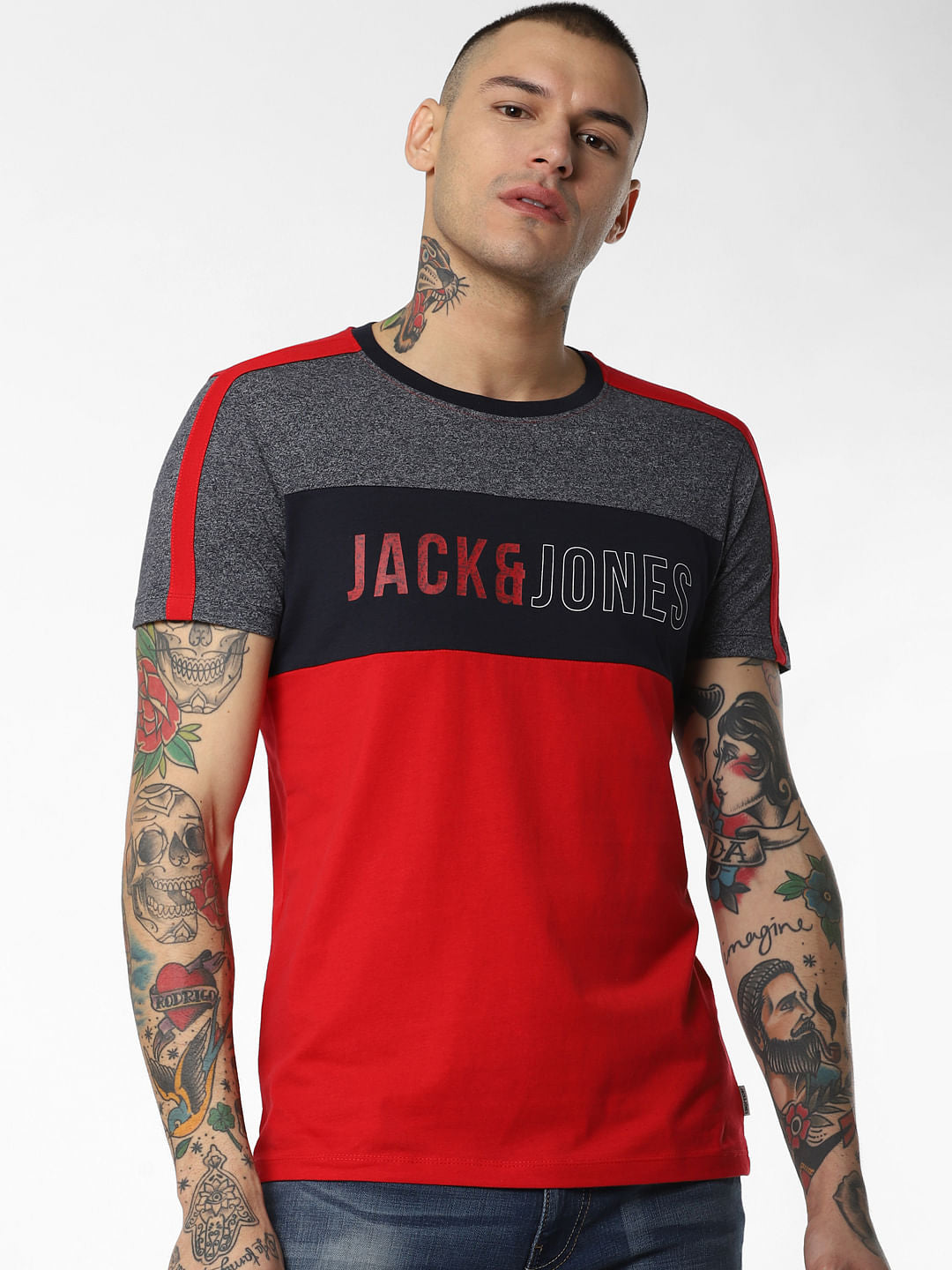 Red Colourblocked Crew Neck T-Shirt