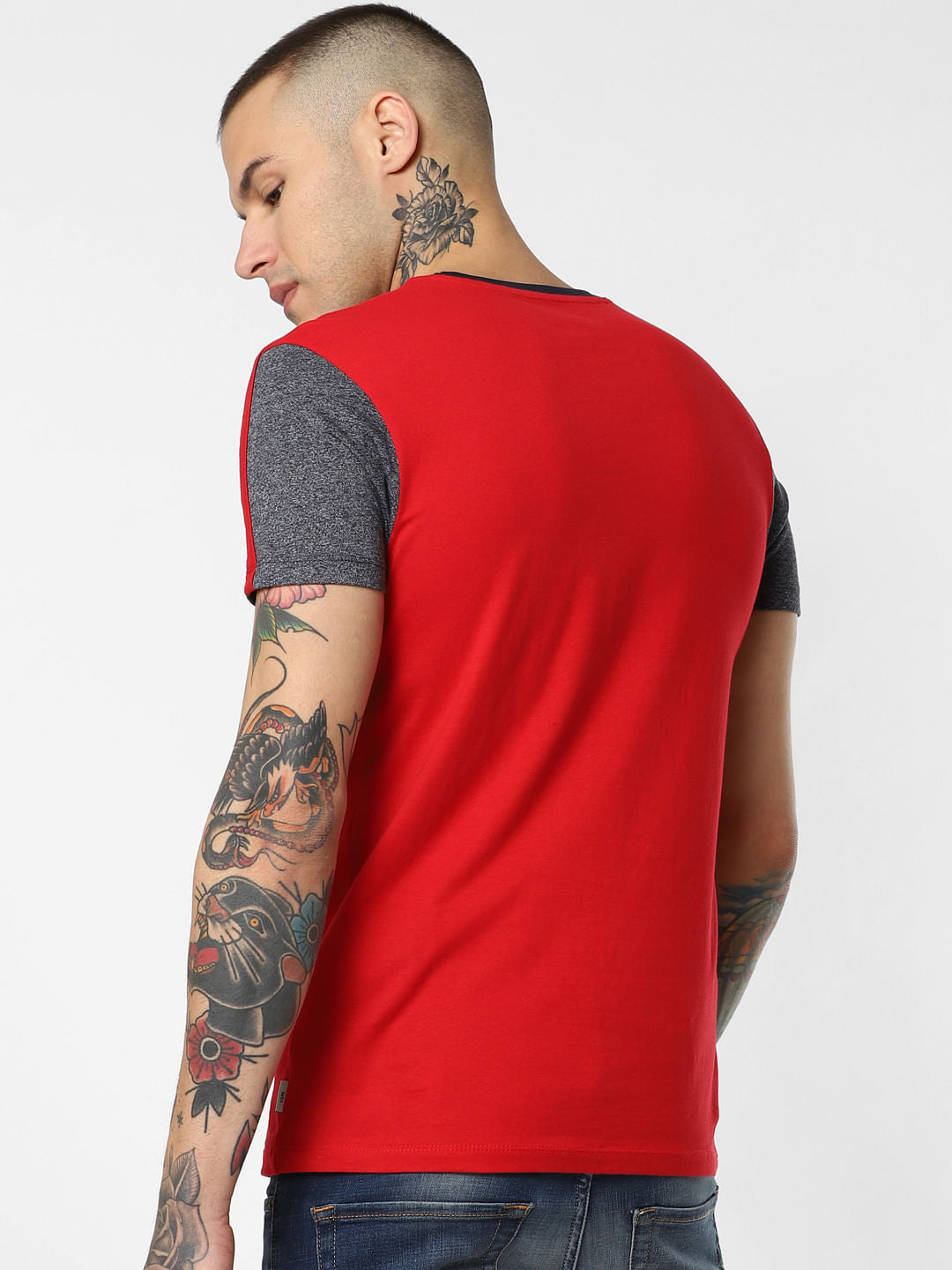 Red Colourblocked Crew Neck T-Shirt