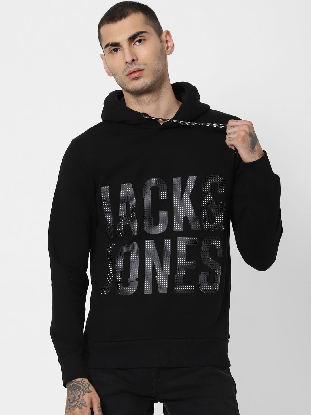 Black Logo Print Hooded Sweatshirt